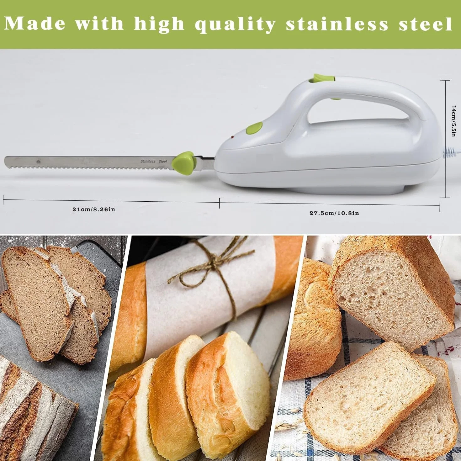 Brrnoo Cuchillo de Pan Eléctrico, Cuchillo Eléctrico para Carne Congelada, Cuchillo Electrico Cocina Acero Inoxidable, para Cortar Carne, Jamonero, Pan, Queso, Verduras y Frutas,