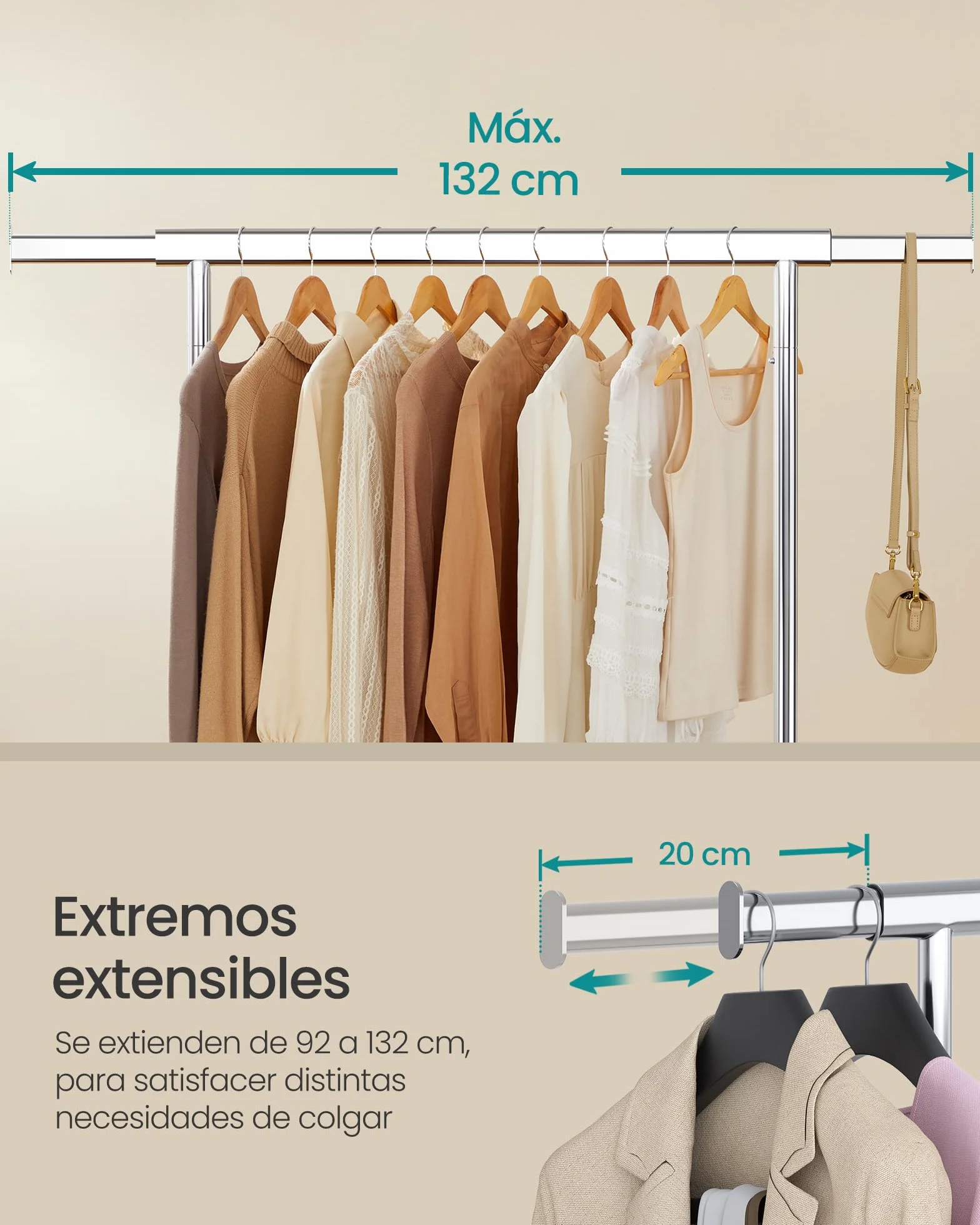 SONGMICS Burro Ropa con Ruedas Extensible 100 kg 45 x 92-132 x 161,5 cm Plata HSR13S