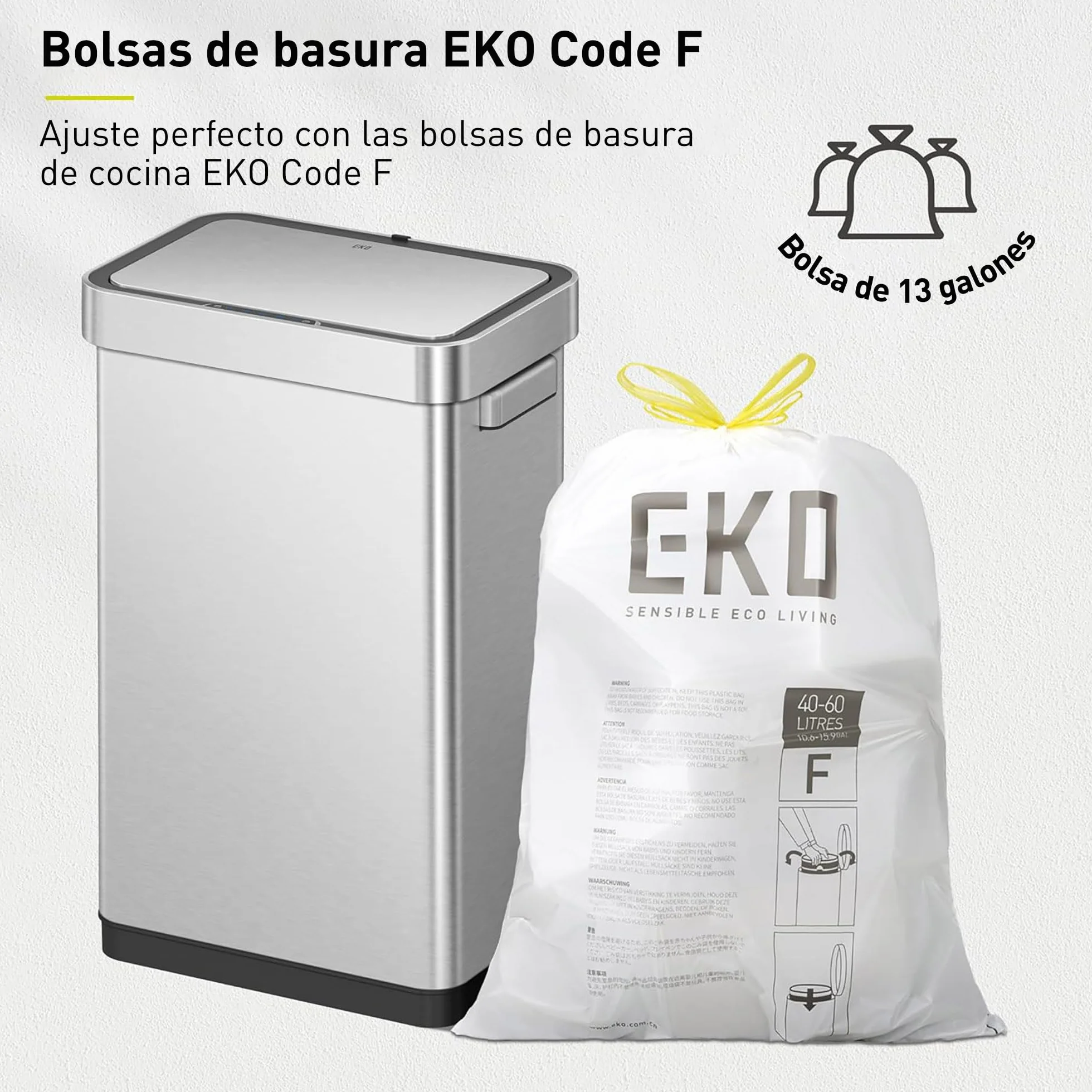 EKO Deluxe Mirage-T - Cubo de basura rectangular con sensor de movimiento sin contacto de 50 litros/13.2 galones, acabado de acero inoxidable mate