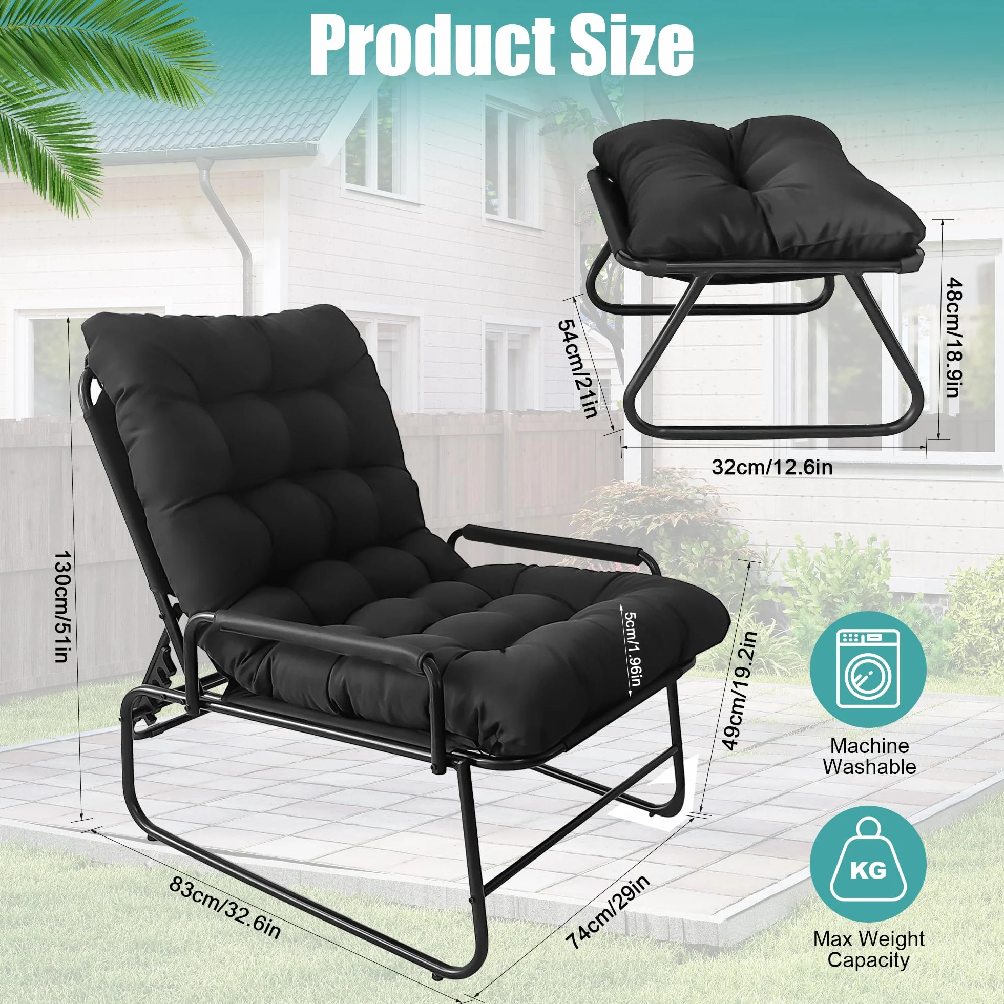 Sillón Reclinable con Reposapiés, Respaldo Ajustable en 4 Niveles, Sillon Relax, Poltrona Sala, Sillon de Lectura, Adecuado para Sala de Estar, Dormitorio, Balcó (Negro)