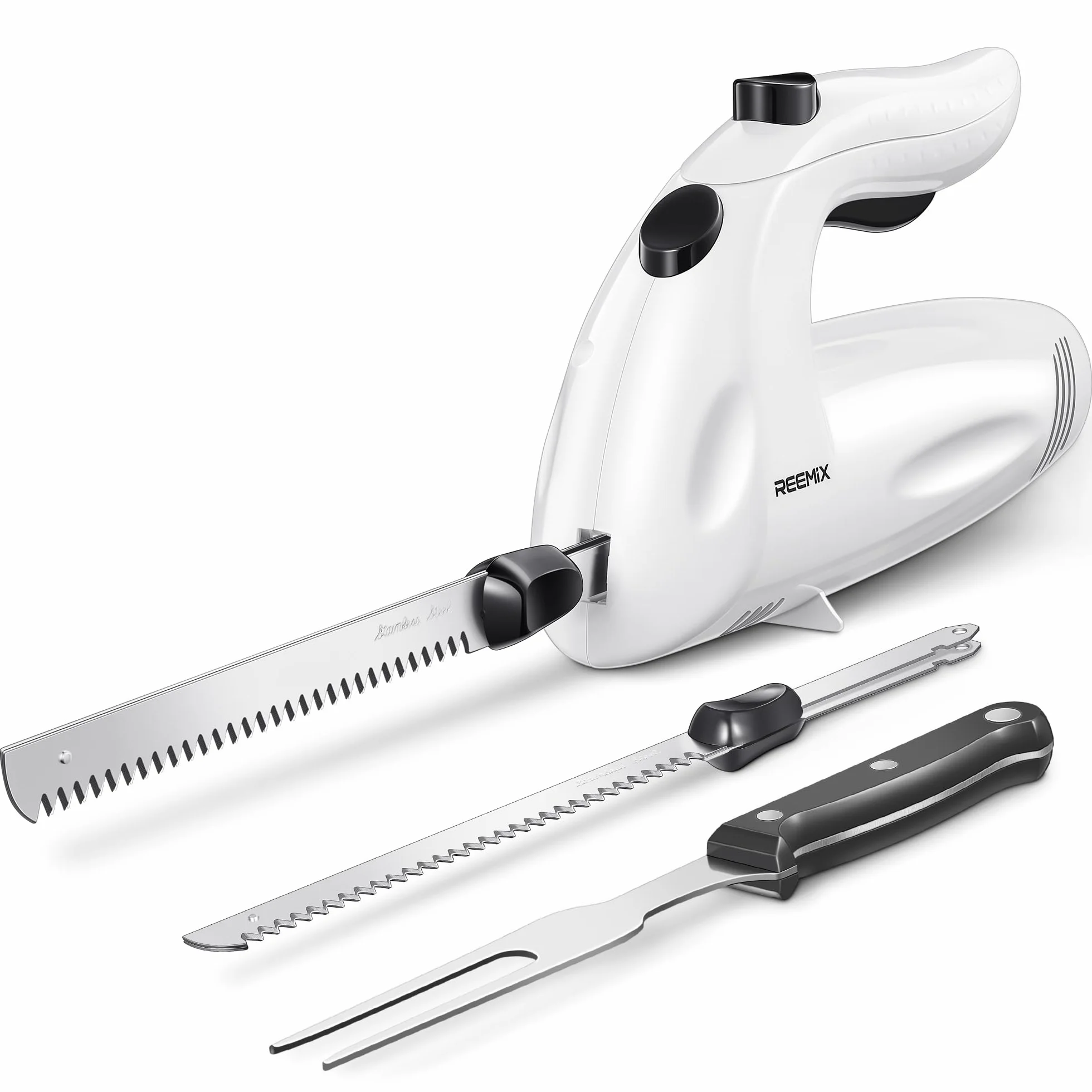 Reemix Cuchillo Eléctrico, hoja de acero inoxidable, Pan, Afilado Ondulado y Más, 2 Cuchillas para Carnes y Pan, Tenedor Incluido (blanco)