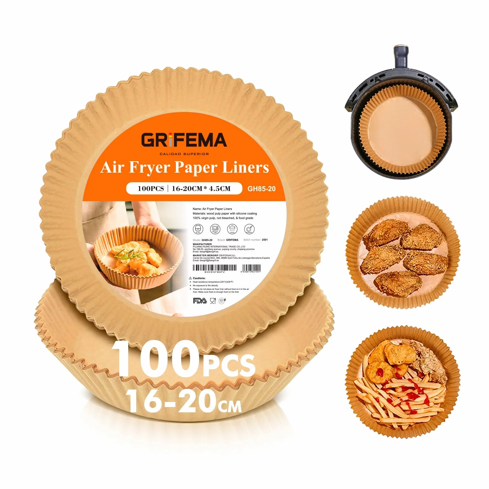 GRIFEMA Papel Freidora Aire Redondo 2.2-4.5 L 100 Piezas 16-20cm sin BPA Antigrasa Grado Alimentario para Cecotec COSORI
