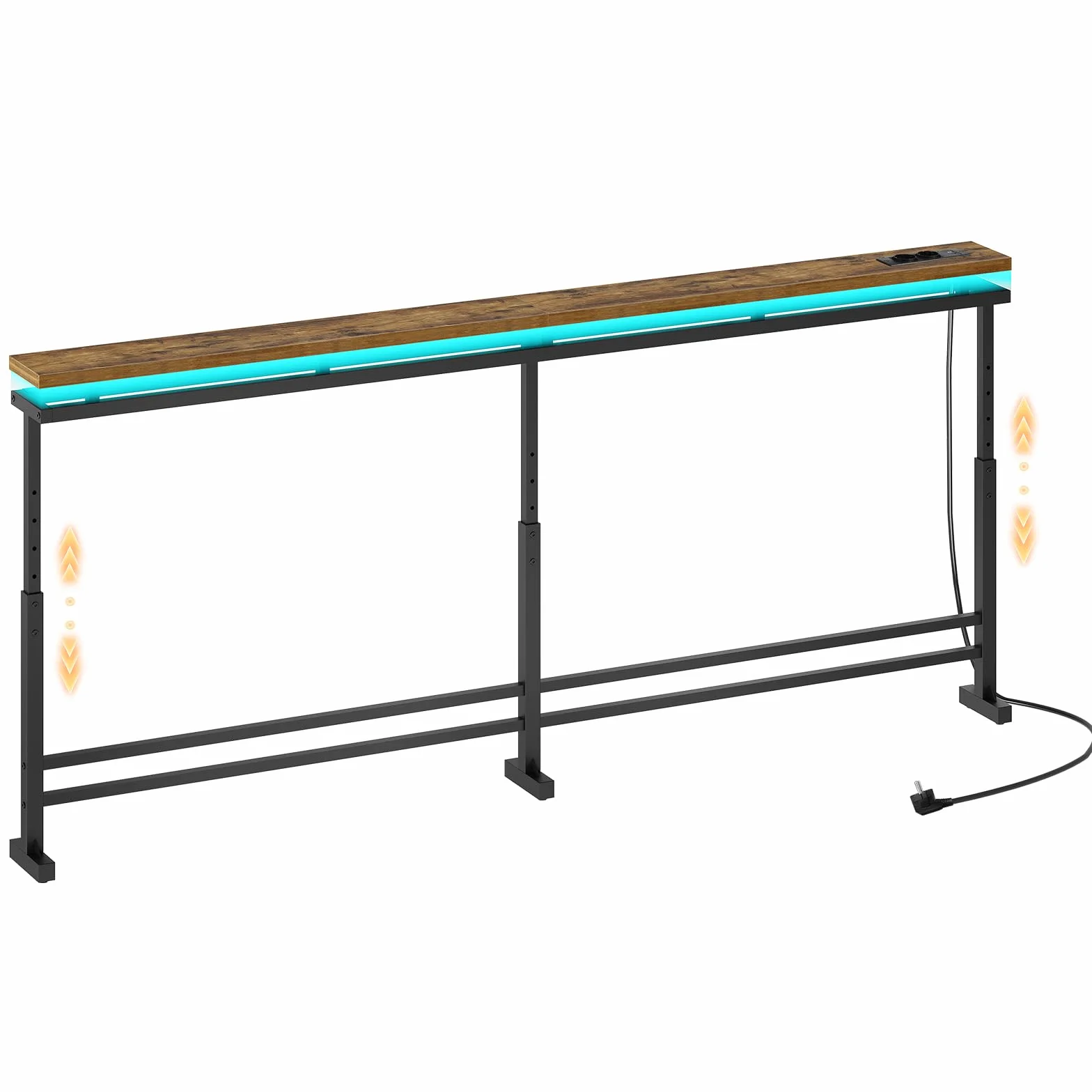 YATINEY Mesa Consola, Mesa Auxiliar para Sofá con Tira LED y Base de Carga | 200 cm Consola con Altura Regulable, Mesa de Entrada, para Recibidor, Entrada o Sala, Marrón Vintage y Negro XCT27CDBR