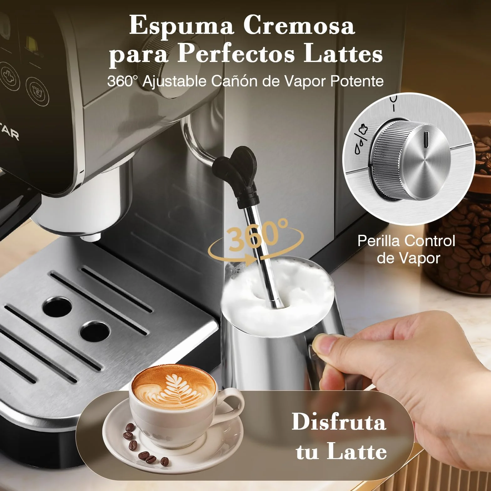 Aigostar Barista - Cafetera Espresso y Capuccino, Compatible con cápsulas y café molido, 20 Bares, Panel Táctil Digital, 1 o 2 tazas, Máquina de café con espumador de leche, 0.9L, 1350W, Inox