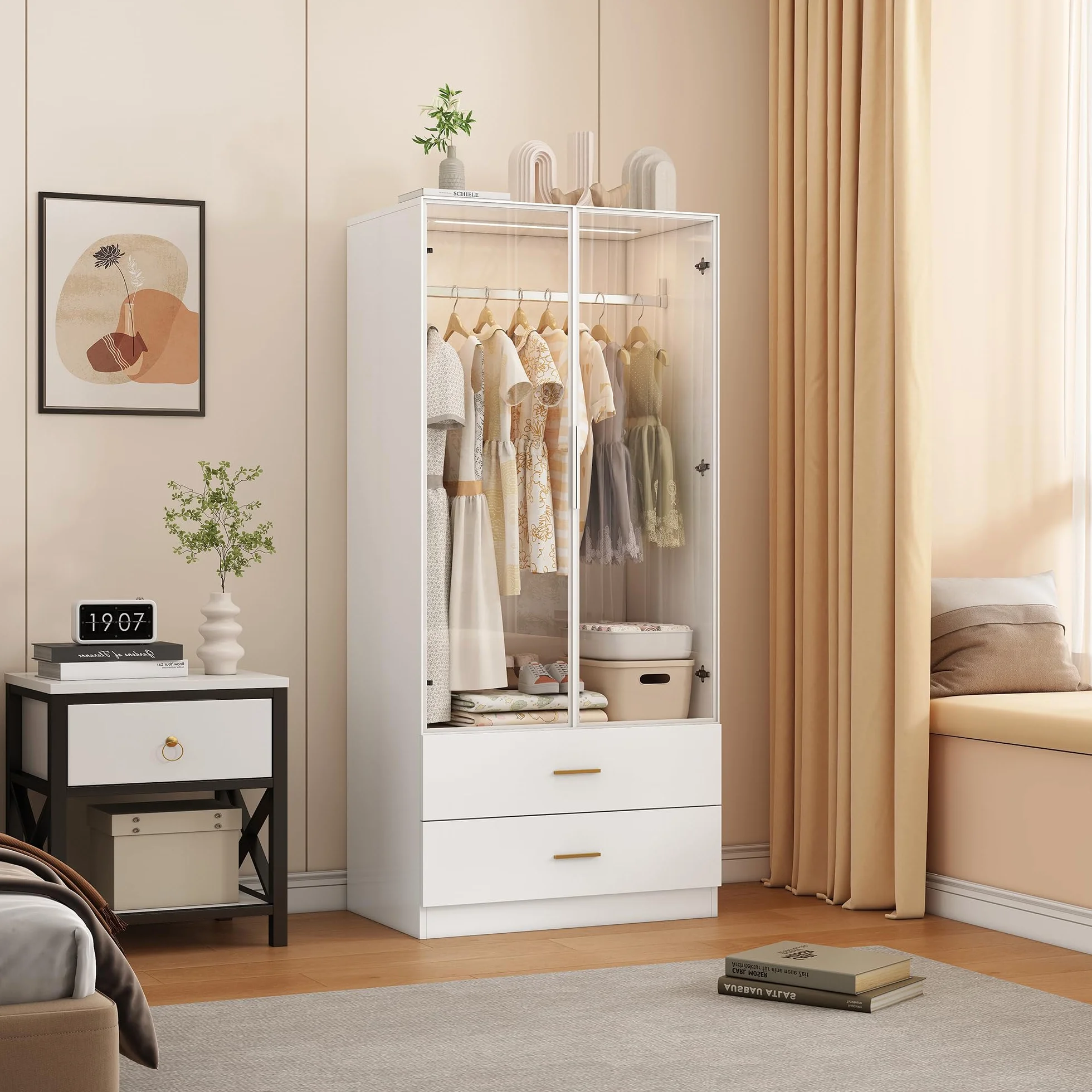 Armario moderno blanco con luz LED y puertas de vidrio 80x50x175 cm MDF