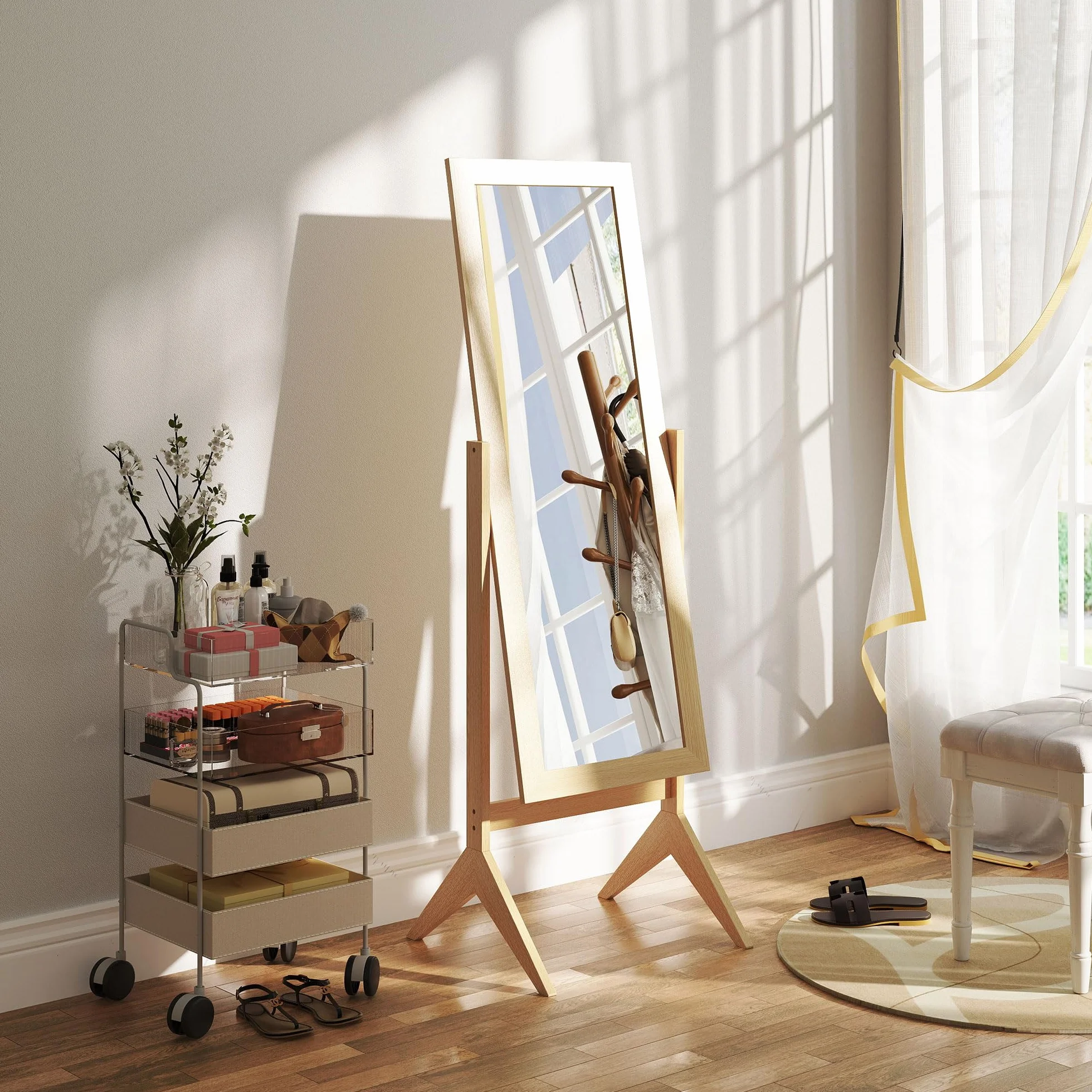HOMCOM Espejo de Pie Cuerpo Entero Reclinable 47x46x148 cm, Espejo de Cuerpo Entero Independiente con Soporte y Marco Rectangular, para Dormitorio, Salón, Roble