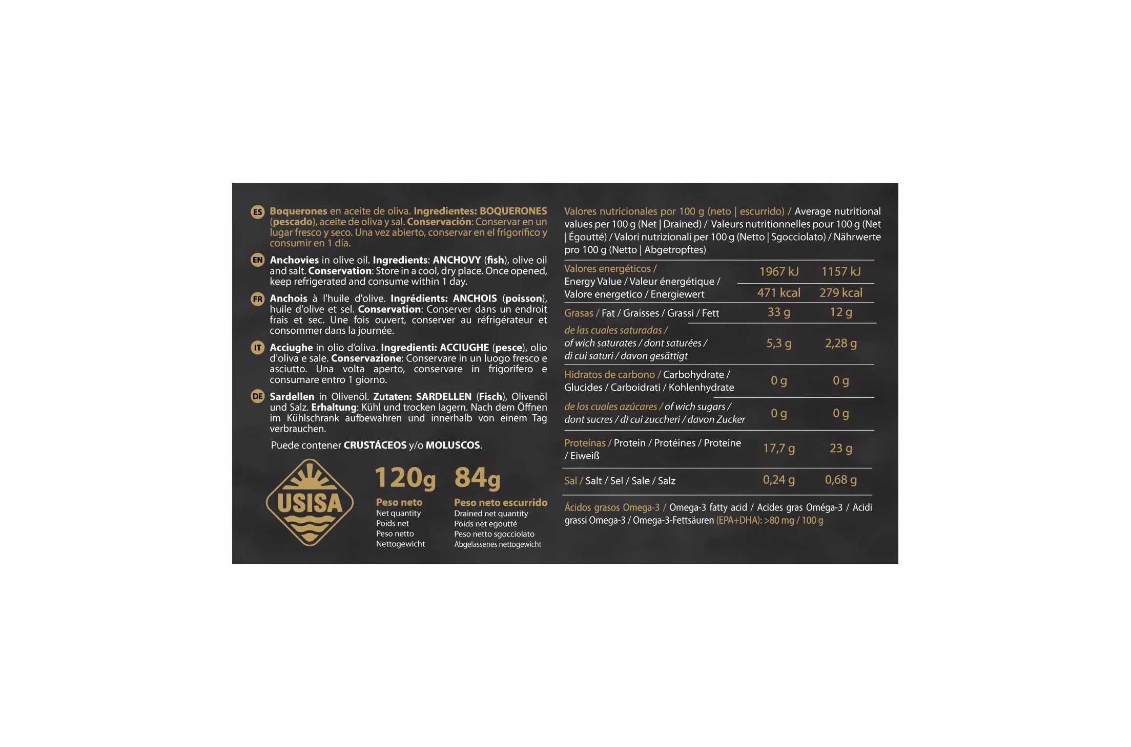 USISA Boquerones en Aceite de Oliva 5 Latas 120 g Conserva de Pescado