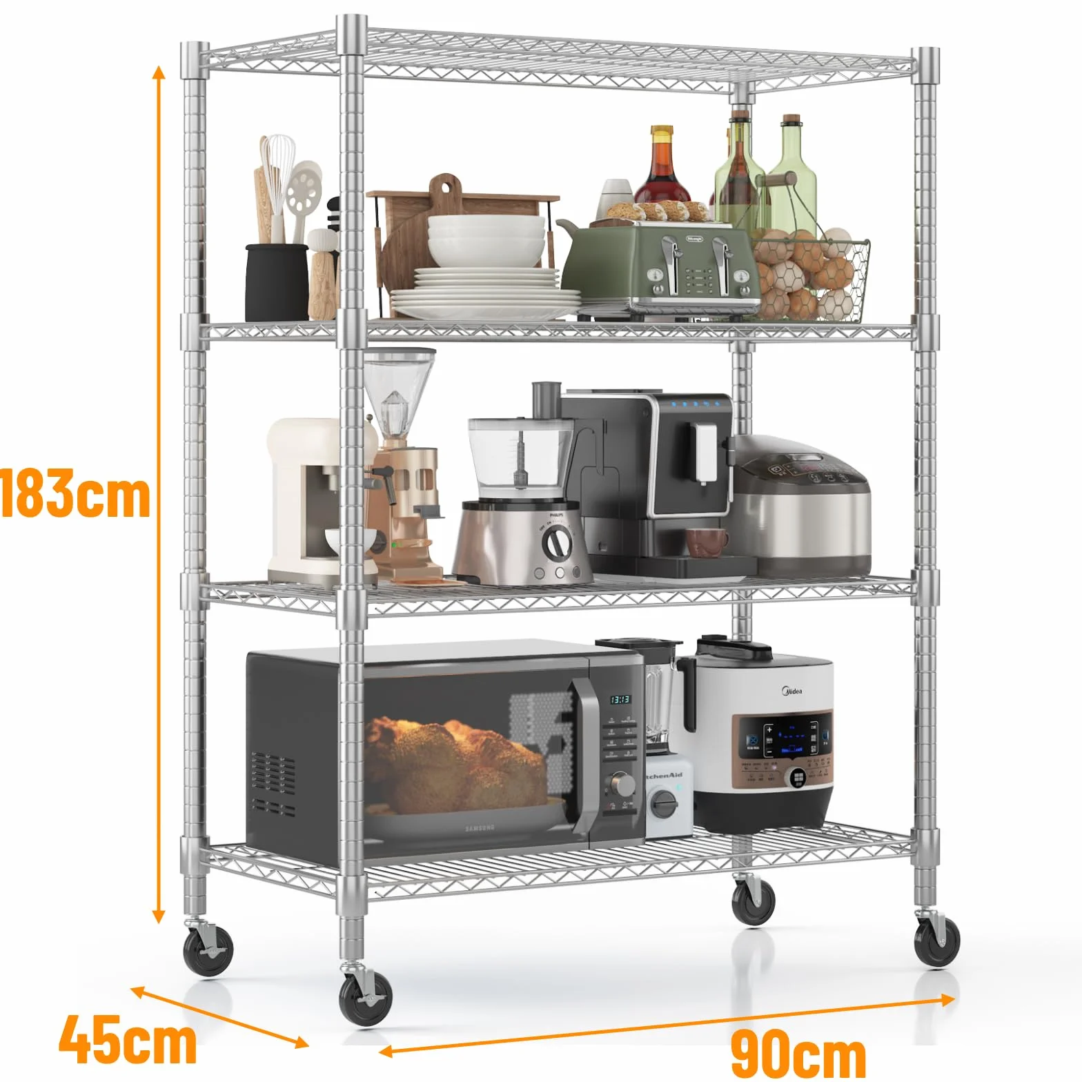 Himimi Estantería de Alambre 4 Niveles con Ruedas, Altura Ajustable, 500 kg, 90x45x183 cm