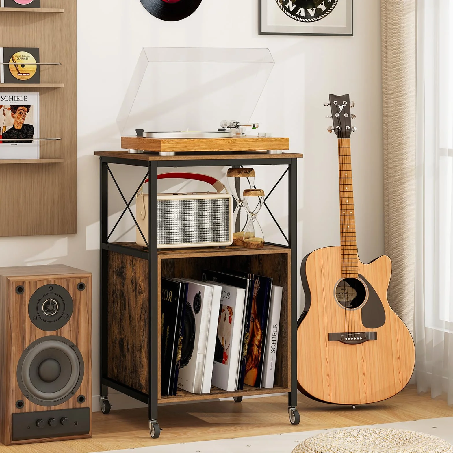 KOMFOTTEU Soporte para Tocadiscos con Estación de Carga, Mesa Auxiliar Vinilo con Divisores Extraíbles y Marco de Metal