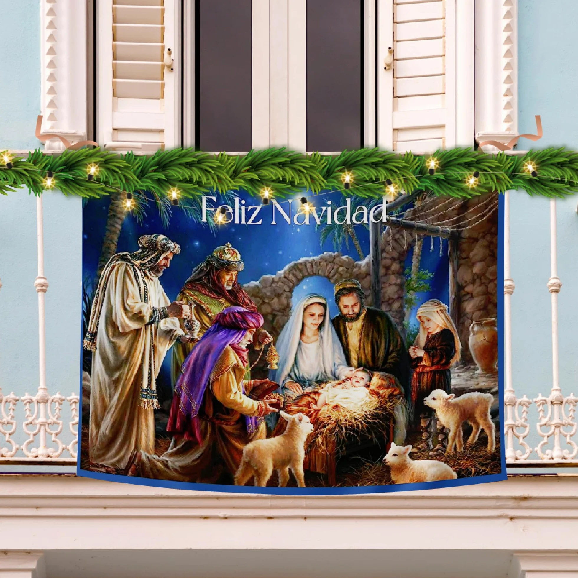 Balconera Navidad El niño Dios ha nacido Decoración navideña colgadura religiosa niño Jesús tela 100x70 cm