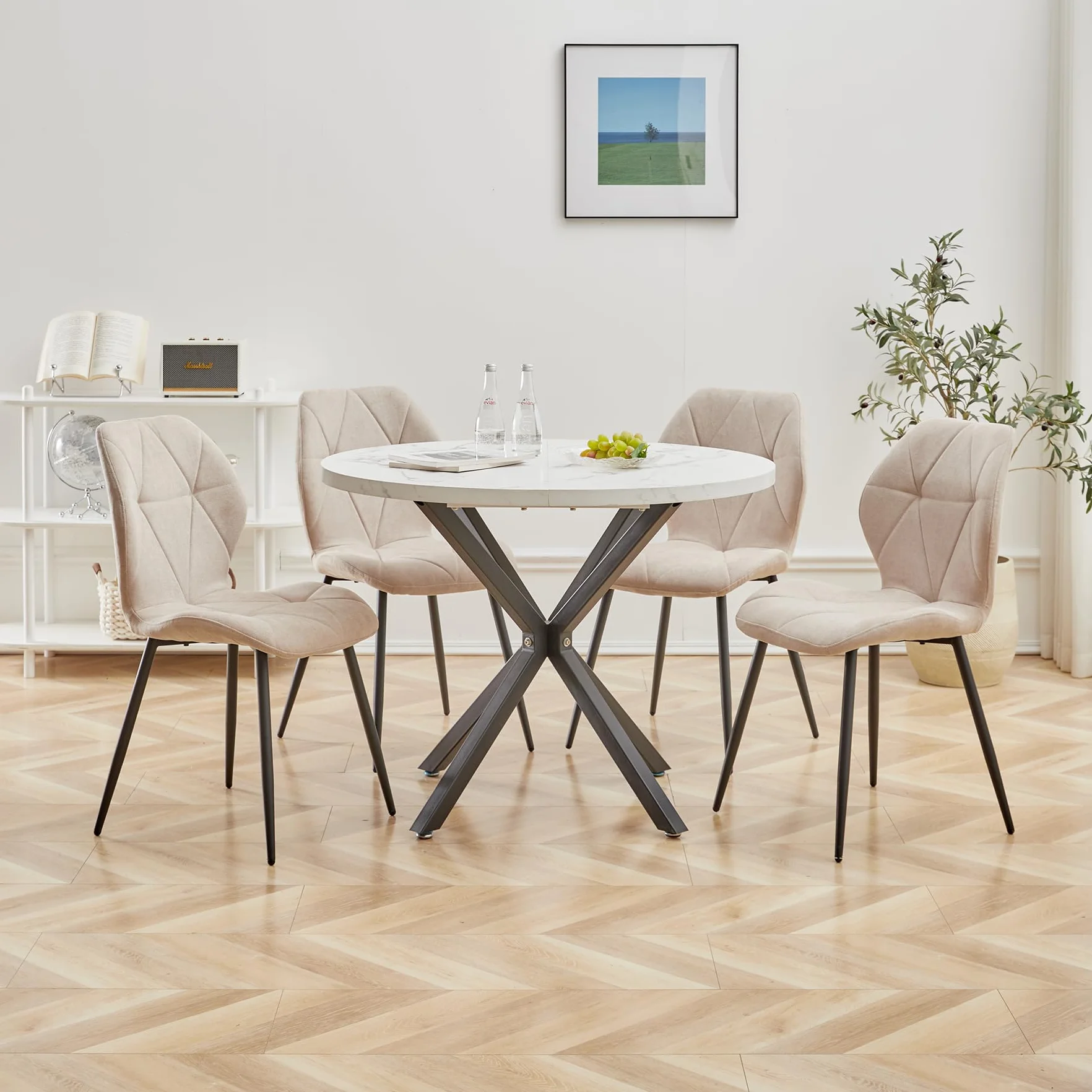 GrandCA HOME Juego de 4 Sillas de Comedor, Sillas de Comedor Tapizadas, Sillas de Cocina Nórdicas, Sillas Acolchadas con Patas de Metal, Cojines de Tela de Rombos, Beige-R
