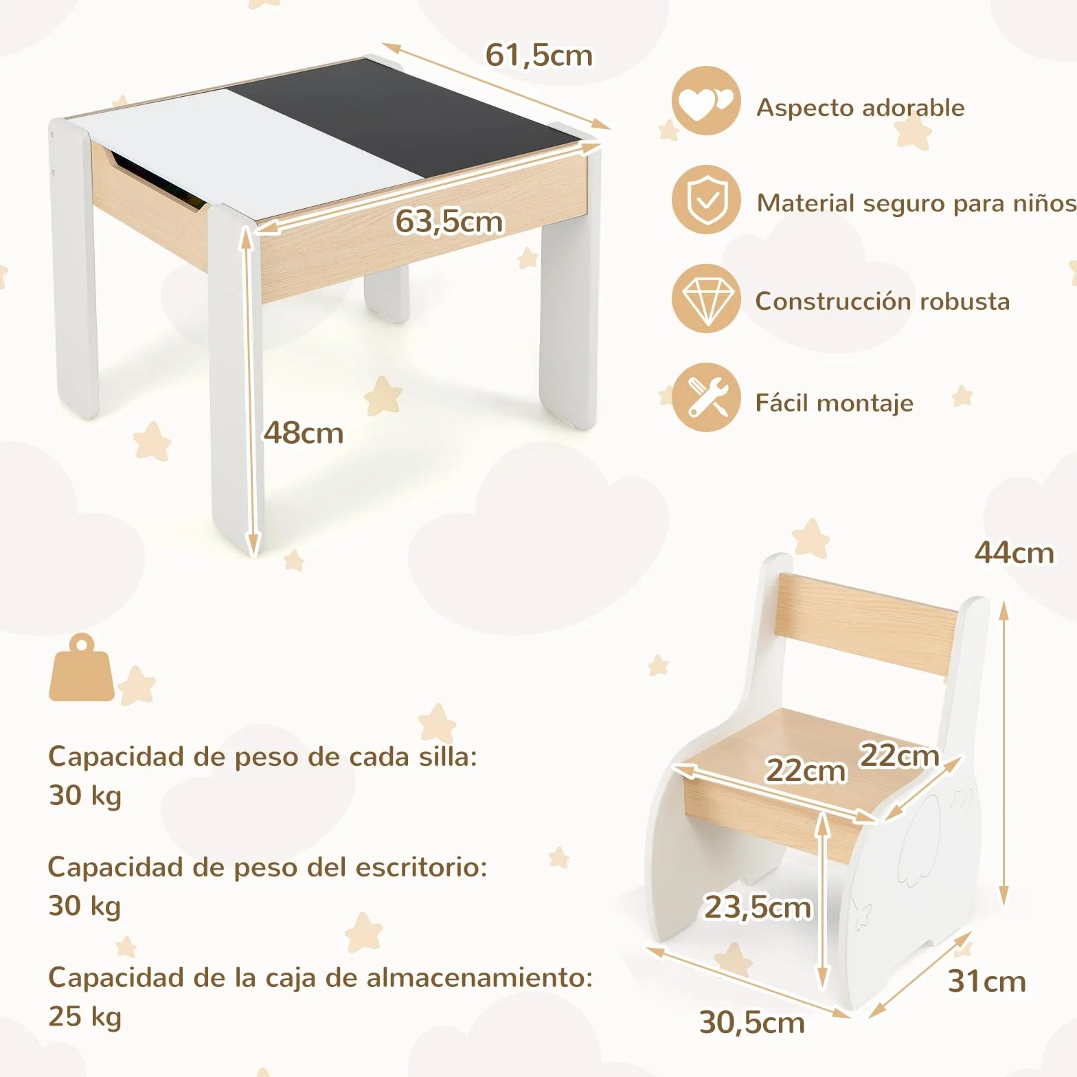 RELAX4LIFE 4 en 1 Juego de Mesa y 2 Sillas Infantil con Pizarra, Pizarra Blanca y Espacio Almacenamiento, Mesa Reversible con Tablero Extraíble para Dibujar, Pupitres para Niños 3-6 Años (Blanco)