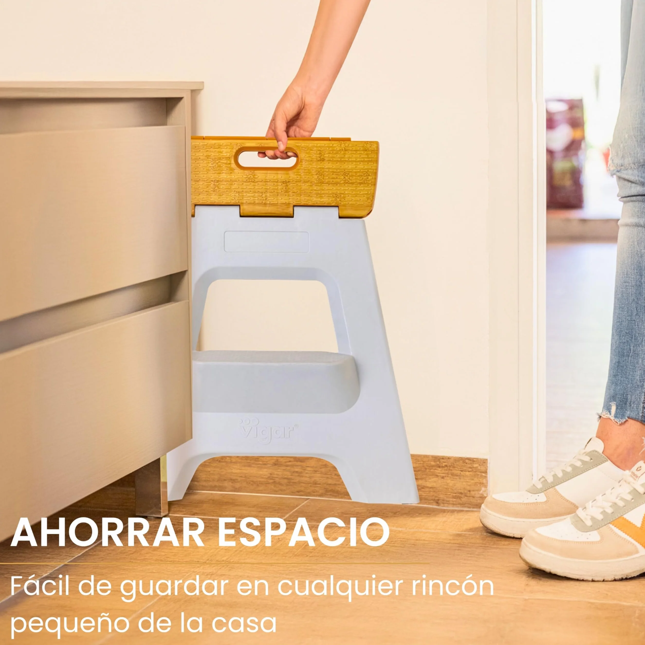 Vigar Taburete Plegable Portatil Compacto 40 cm Antideslizante de Dos Peldaños, Silla Banco para Casa Cocina Baño Oficina, 150 kg Gris Bamboo