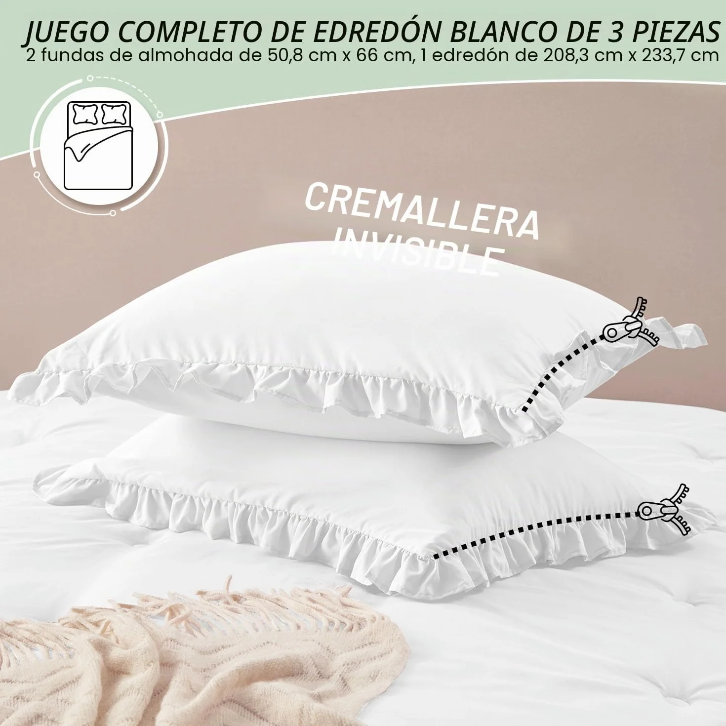HARBOREST - Edredón matrimonial con volantes blancos para cama de tamaño matrimonial, juego de edredón esponjoso para todas las estaciones, juego de cama de 3 piezas Shabby Chic (1 edredón y 2 fundas