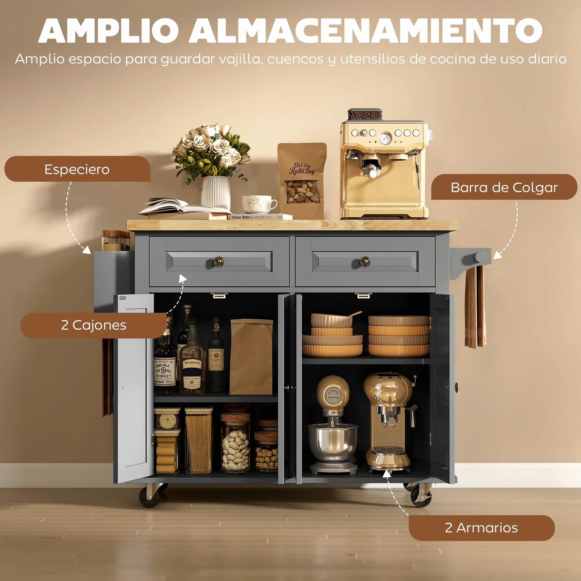 HOMCOM Isla de Cocina con Ruedas Carro de Cocina con 2 Cajones 4 Puertas Especiero Encimera de Madera Estante Ajustable y Barra Lateral para Comedor 111x44,5x82,5 cm Gris