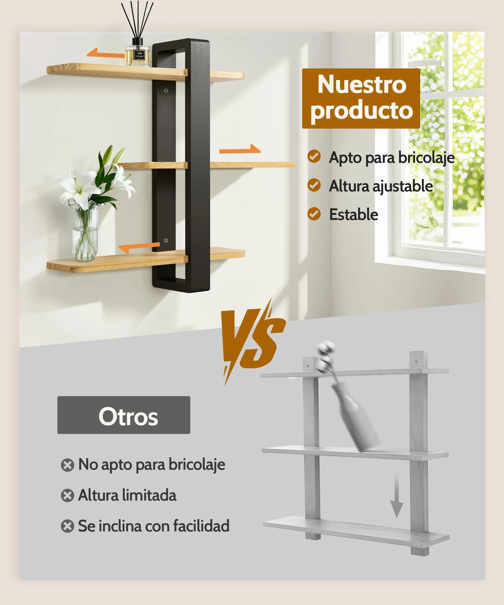 SUMGAR Estantería de Pared 3 Niveles Pino Macizo 50 cm Negro y Madera