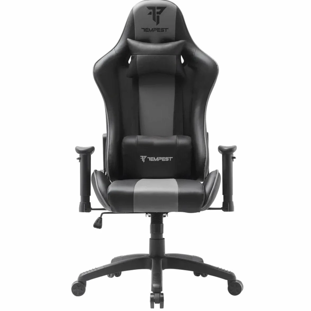 Tempest Vanquish Silla Gaming, Polipiel, Reclinable 180°, Reposabrazos 2D, Cojines Lumbar y Cervical, Base Nylon 350 mm, hasta 150 kg (Gris)