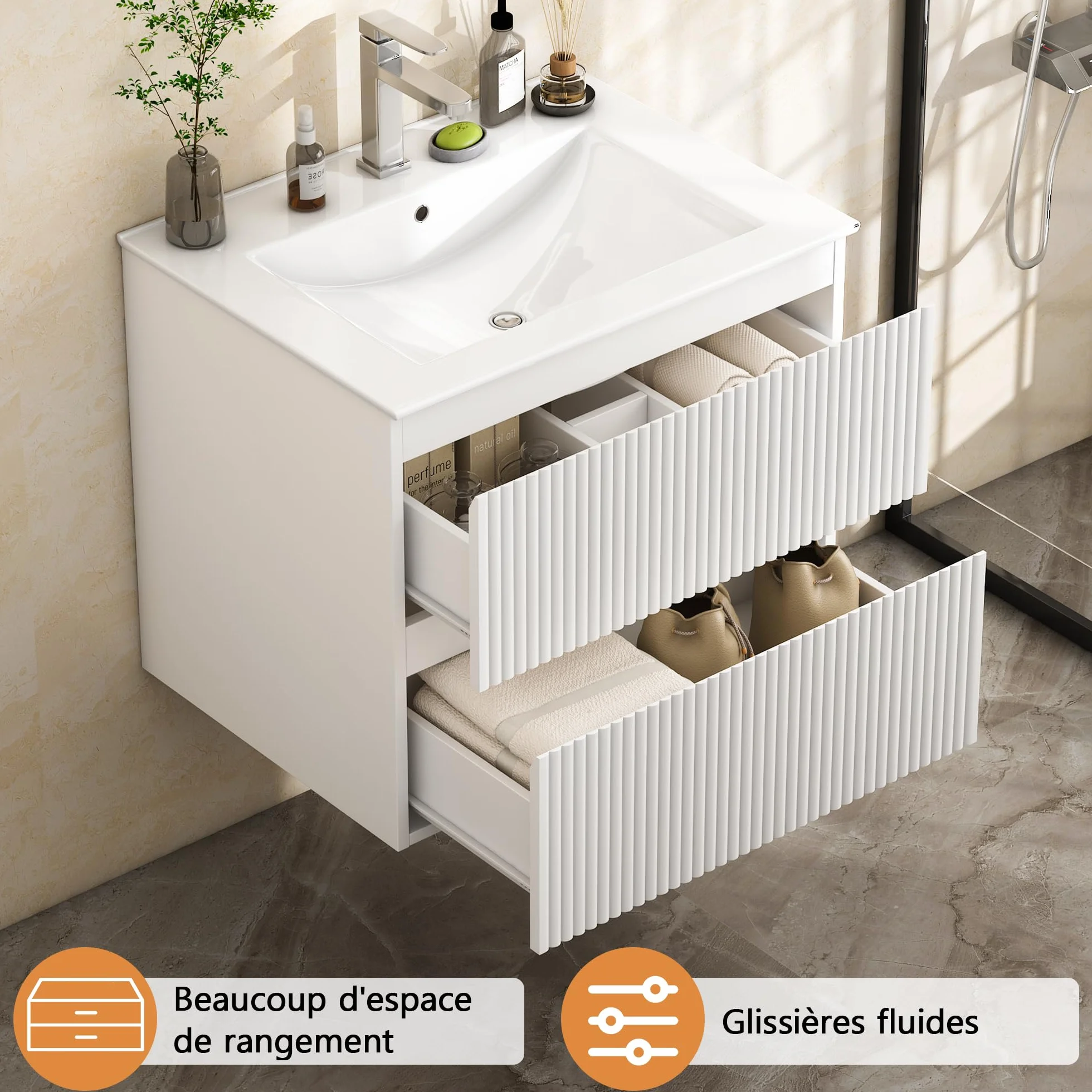 Mueble de Baño Suspendido 60 cm con Lavabo de Cerámica y 2 Cajones Profundos | Panel con Acabado Estriado Vertical, MDF E1 Antihúmedo, Blanco
