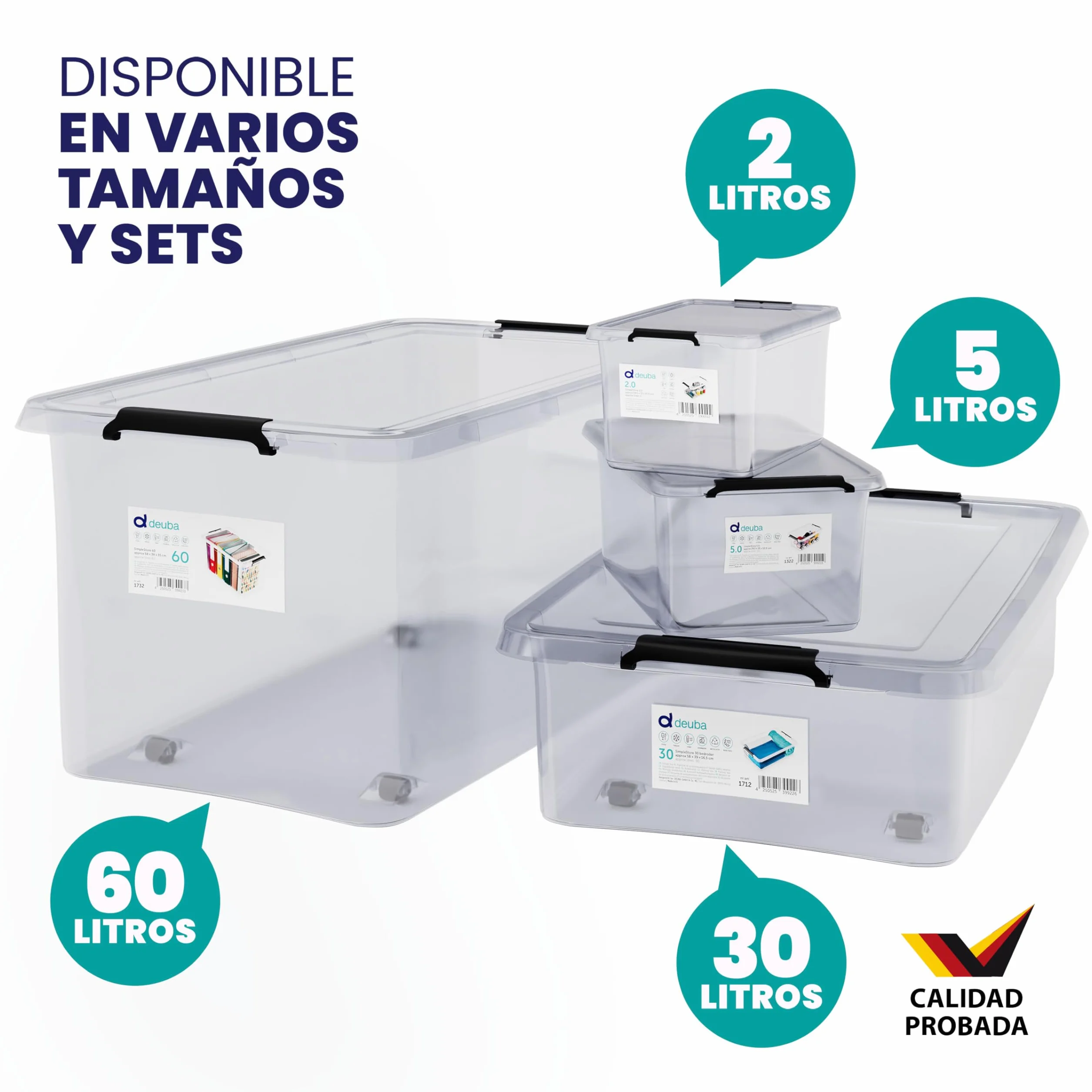 Deuba 4X Cajas de Almacenamiento 60L Tapa Clips de Cierre Transparentes Apilable