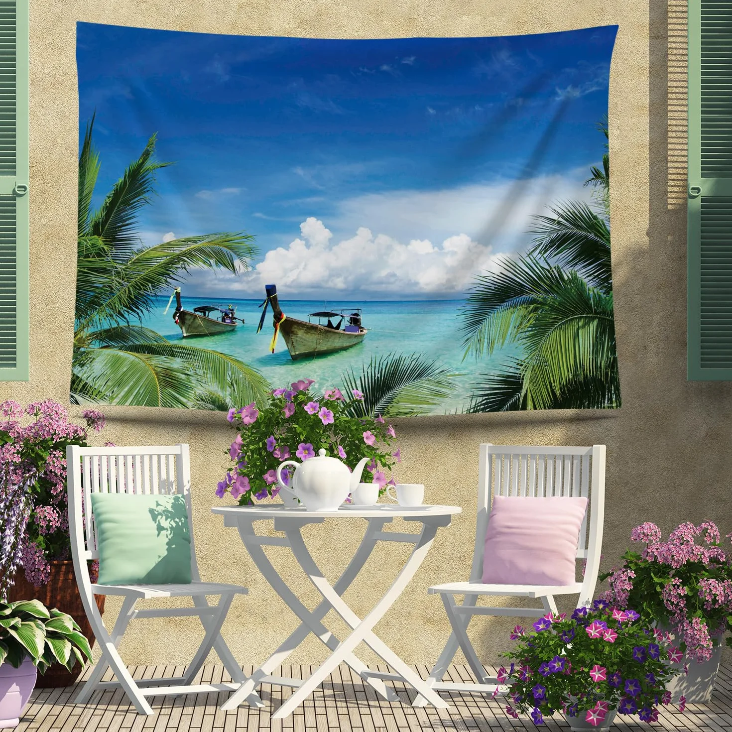 Ulticool – Playa mar barco palmera naturaleza – Tapiz mural póster – 200 x 150 cm – Póster de jardín – Gran tapiz de pared – Accesorio de decoración para jardín y salón