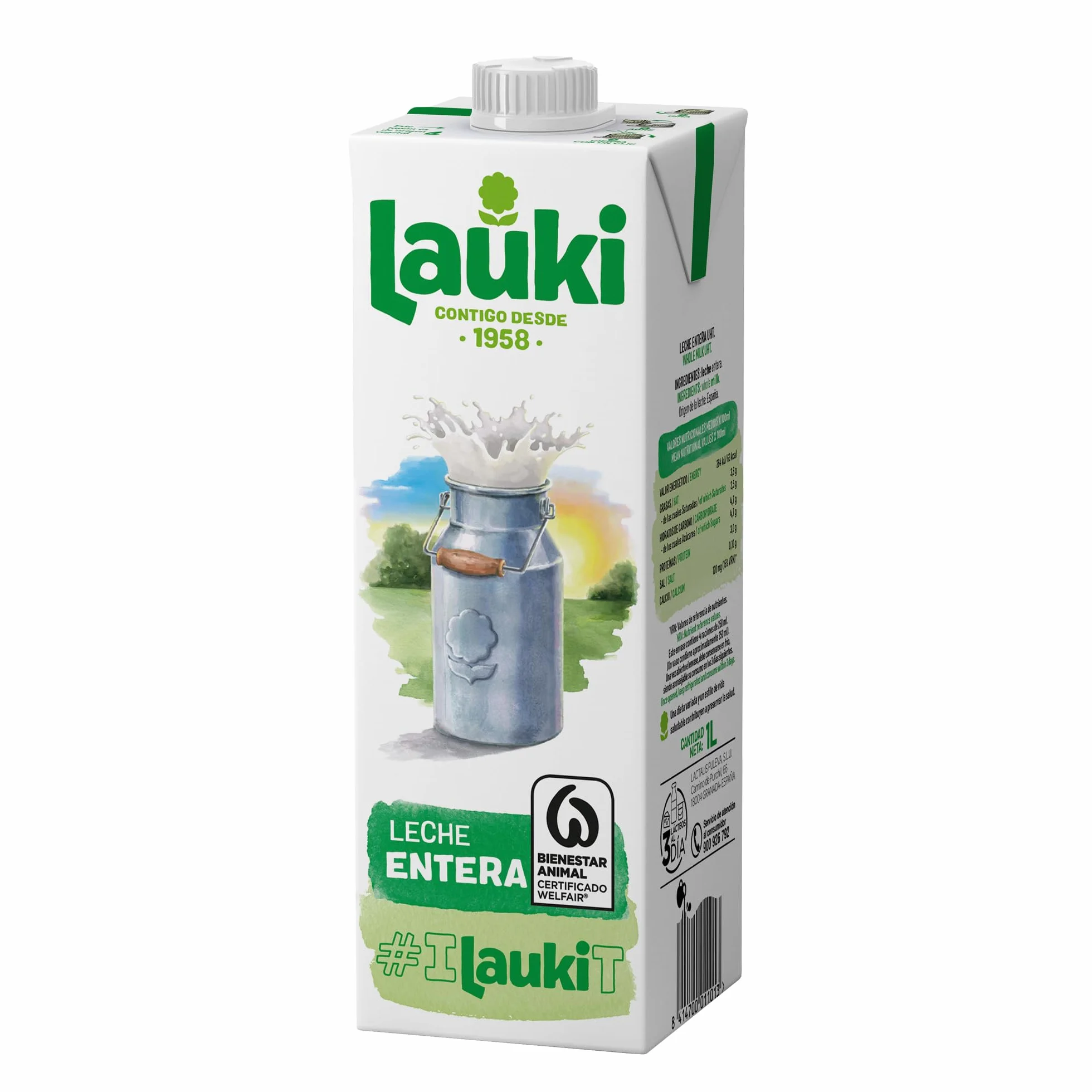 Lauki Leche Entera Bienestar Animal Sin Azúcar Añadido Sin Gluten Brik UHT Pack 6 x 1L