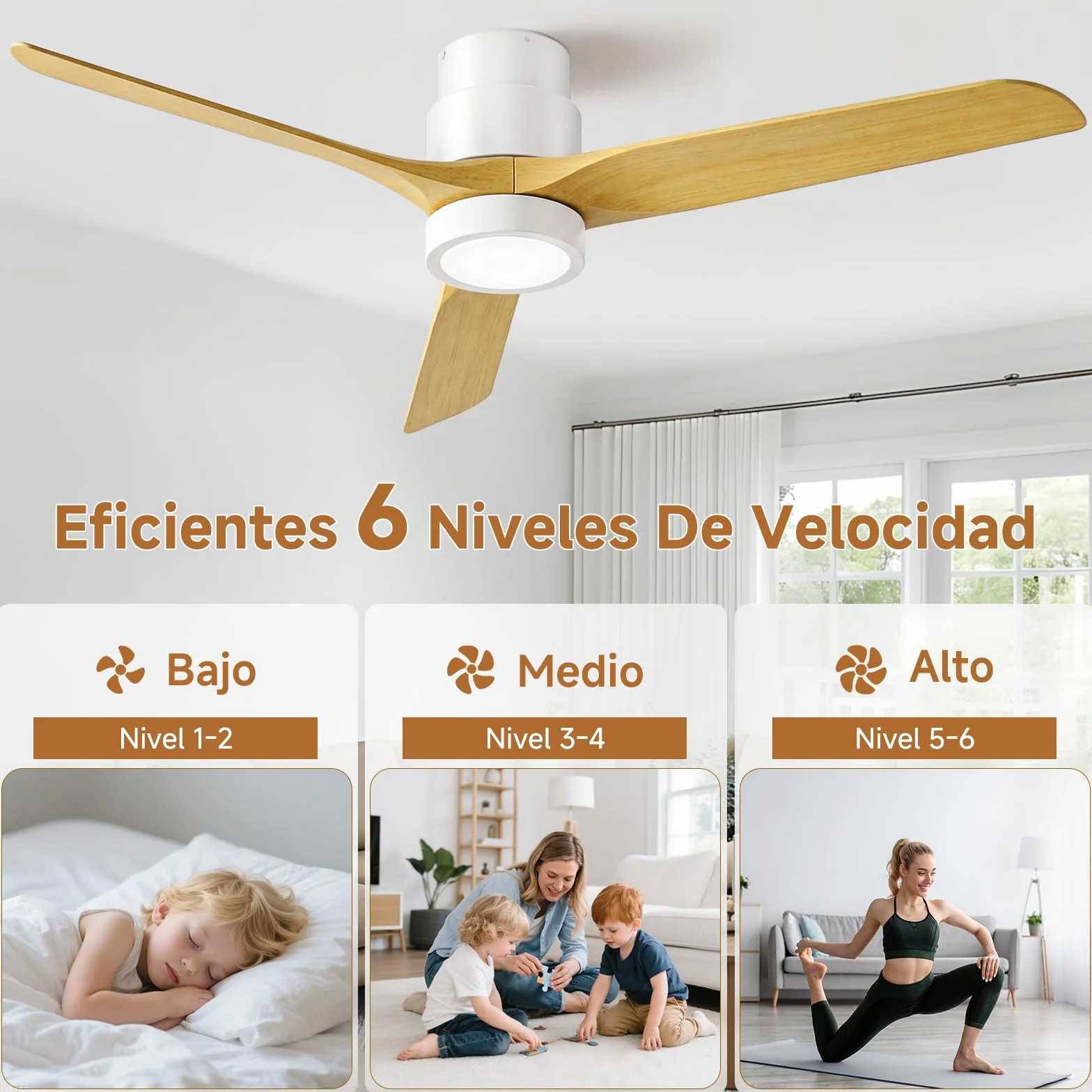 Ateroll Ventilador de Techo con Luz Silencioso, 132cm ABS Ventiladores de Techo con Luz y Mando a Distancia, Velocidades, Temporizador, Función Verano-invierno, para Dormitorio Salón Exterior Terraza