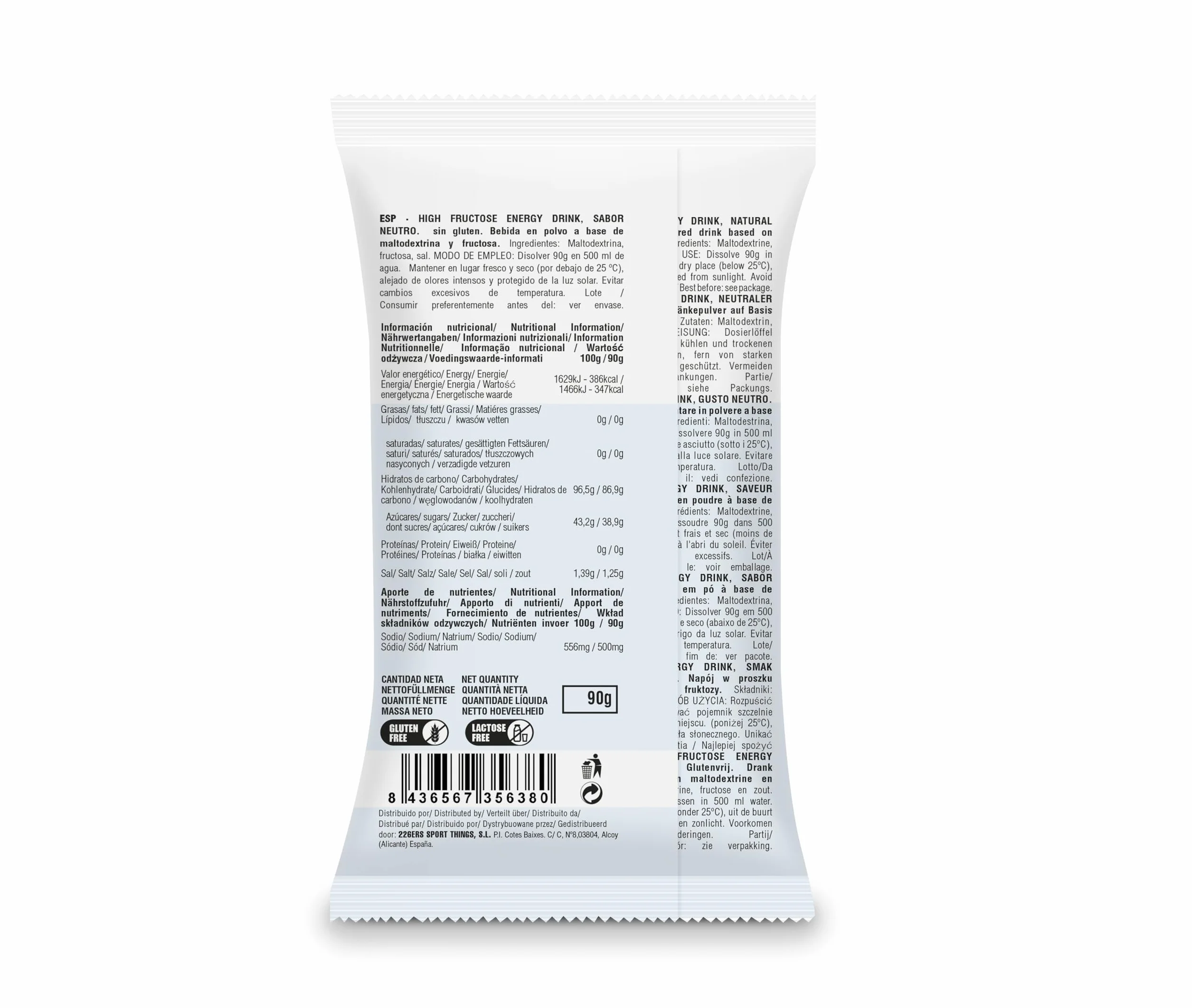 226ERS High Fructose Energy Drink Bebida Energética Deportistas Maltodextrina Fructosa Vegano Sin Gluten Hidratos Carbono Sabor Neutro Estuche 9 Monodosis 90 g