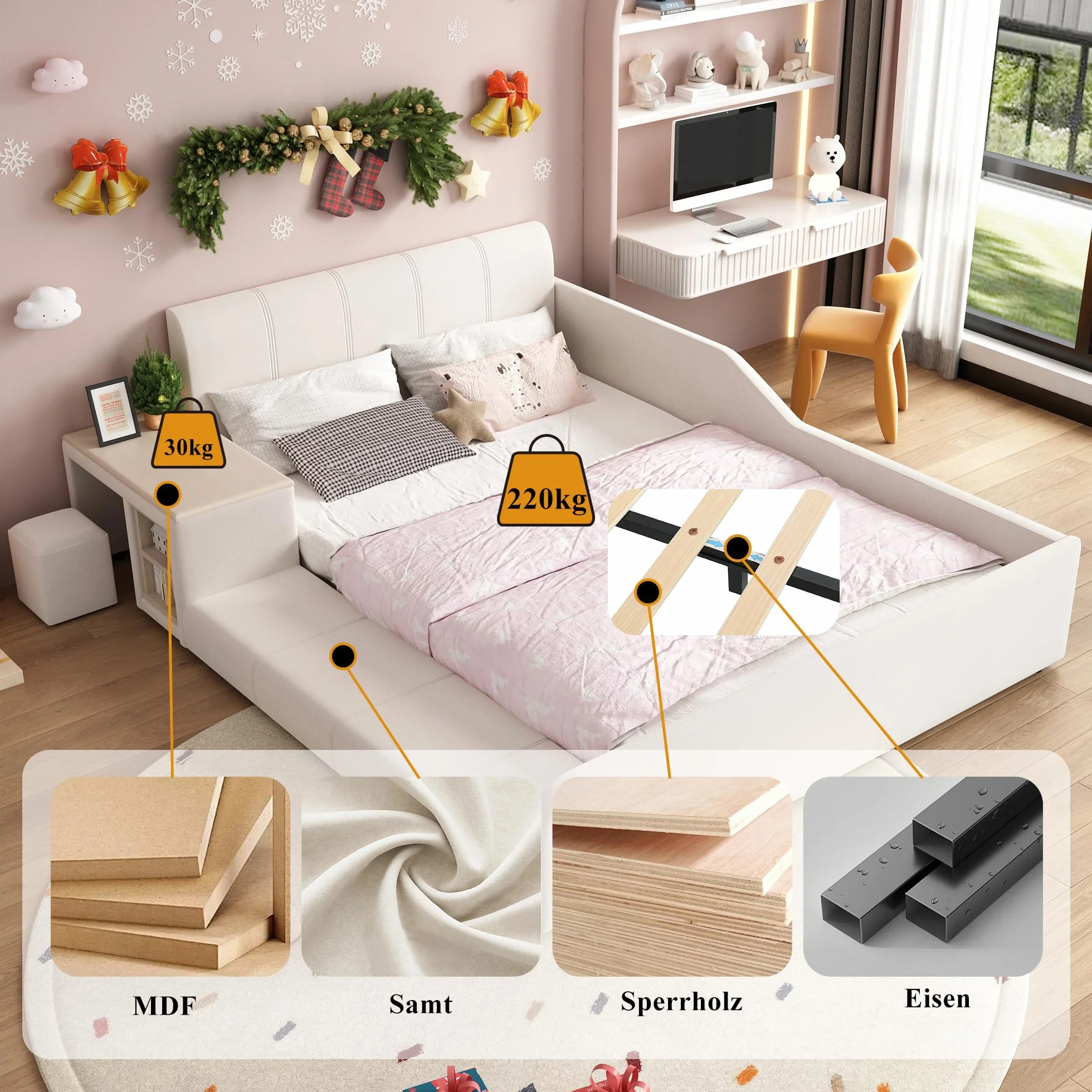 Cama tapizada con escritorio infantil y taburete, con estante, cabecero suave, cama infantil con listones de madera, terciopelo, blanco, 140 x 200 cm