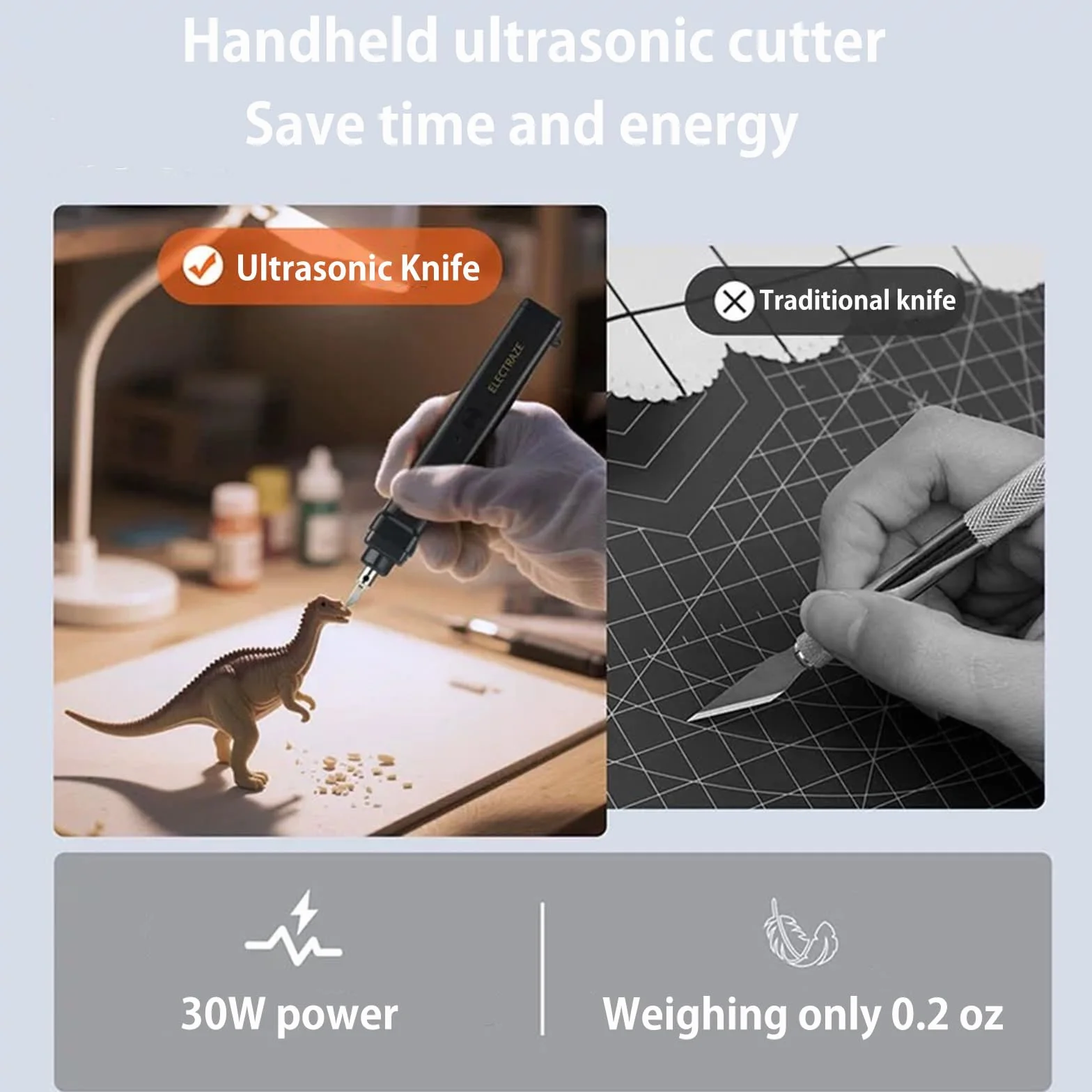 Cuchillo ultrasónico 2 en 1, cuchillo cortador ultrasónico de 40.000 Hz, 50 cuchillas de repuesto, cortador ultrasónico de mano adecuado para cortar modelos impresos en 3D, plásticos, madera