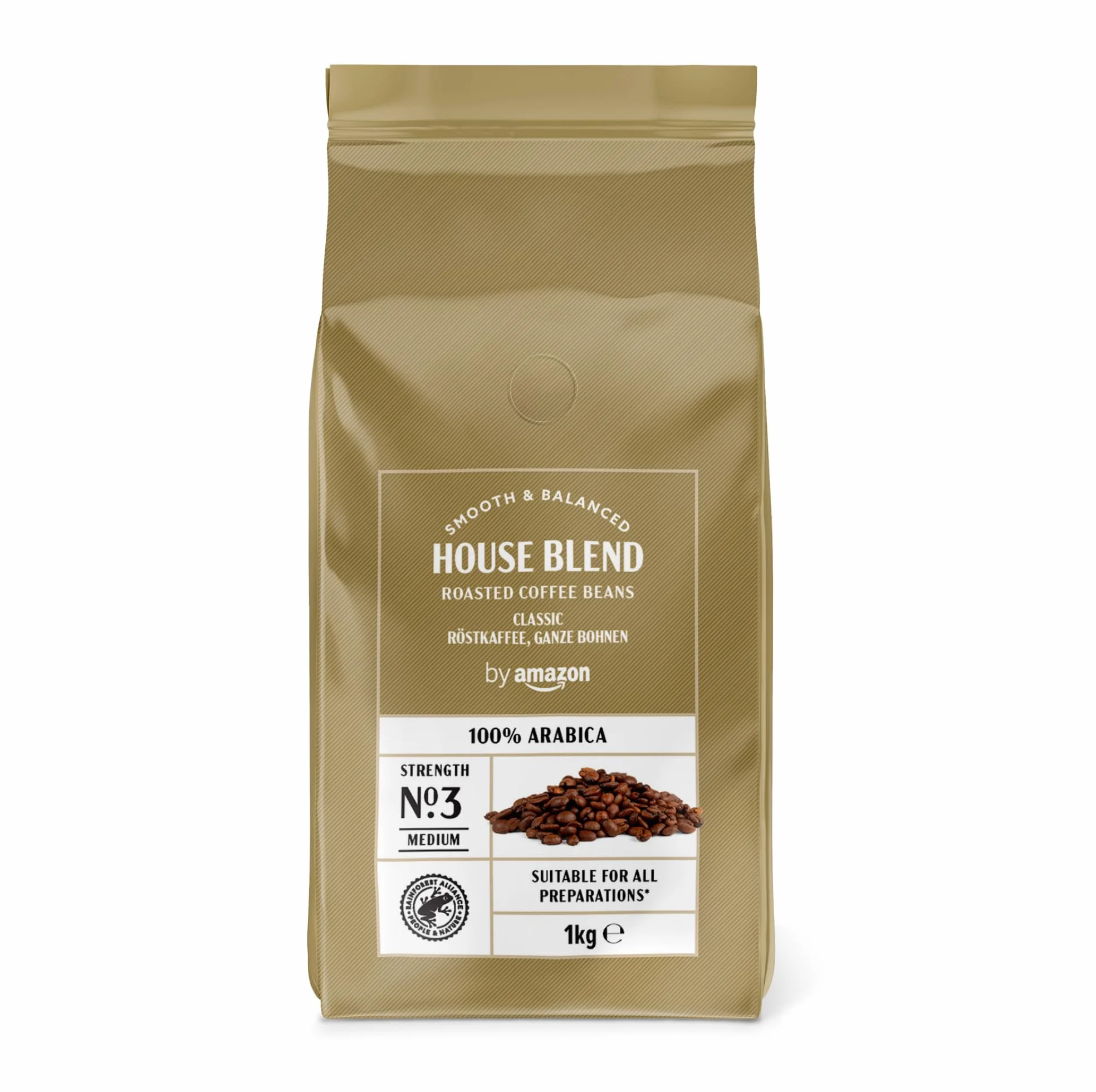 Amazon Café En Grano Natural, Puro Arabica, Tueste Medio, 1kg, Rainforest Alliance