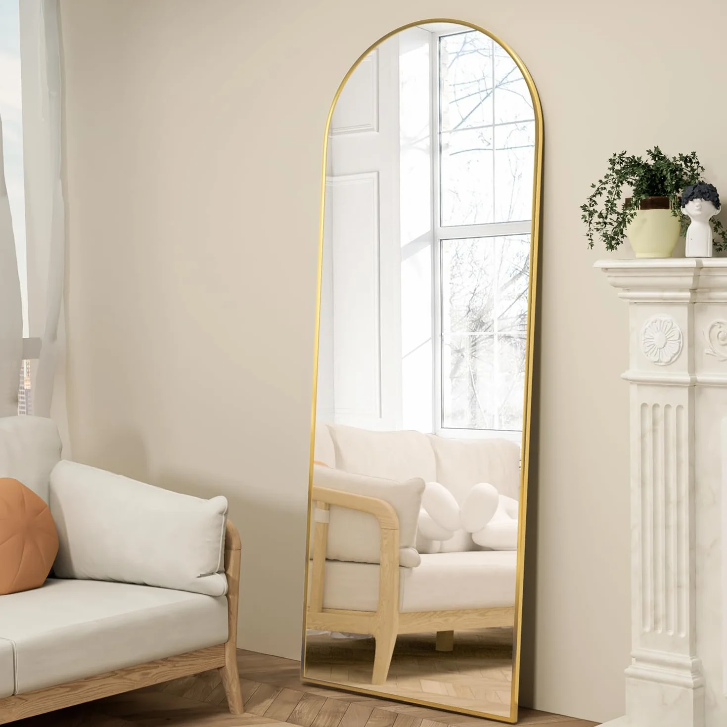 Espejo de Cuerpo Entero Arco 162 x 53 cm Dorado Arqueado, Espejo de pie con Soporte para Dormitorio Sala de Estar