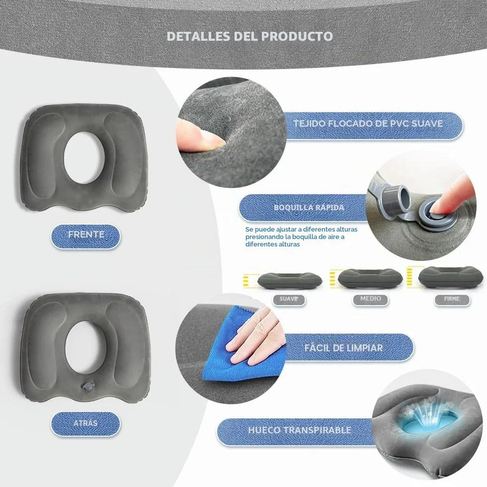 Cojín Asiento Multifuncional Hinchable en Forma de Rosquilla para Hemorroides, Cóccix y Dolor Postquirúrgico