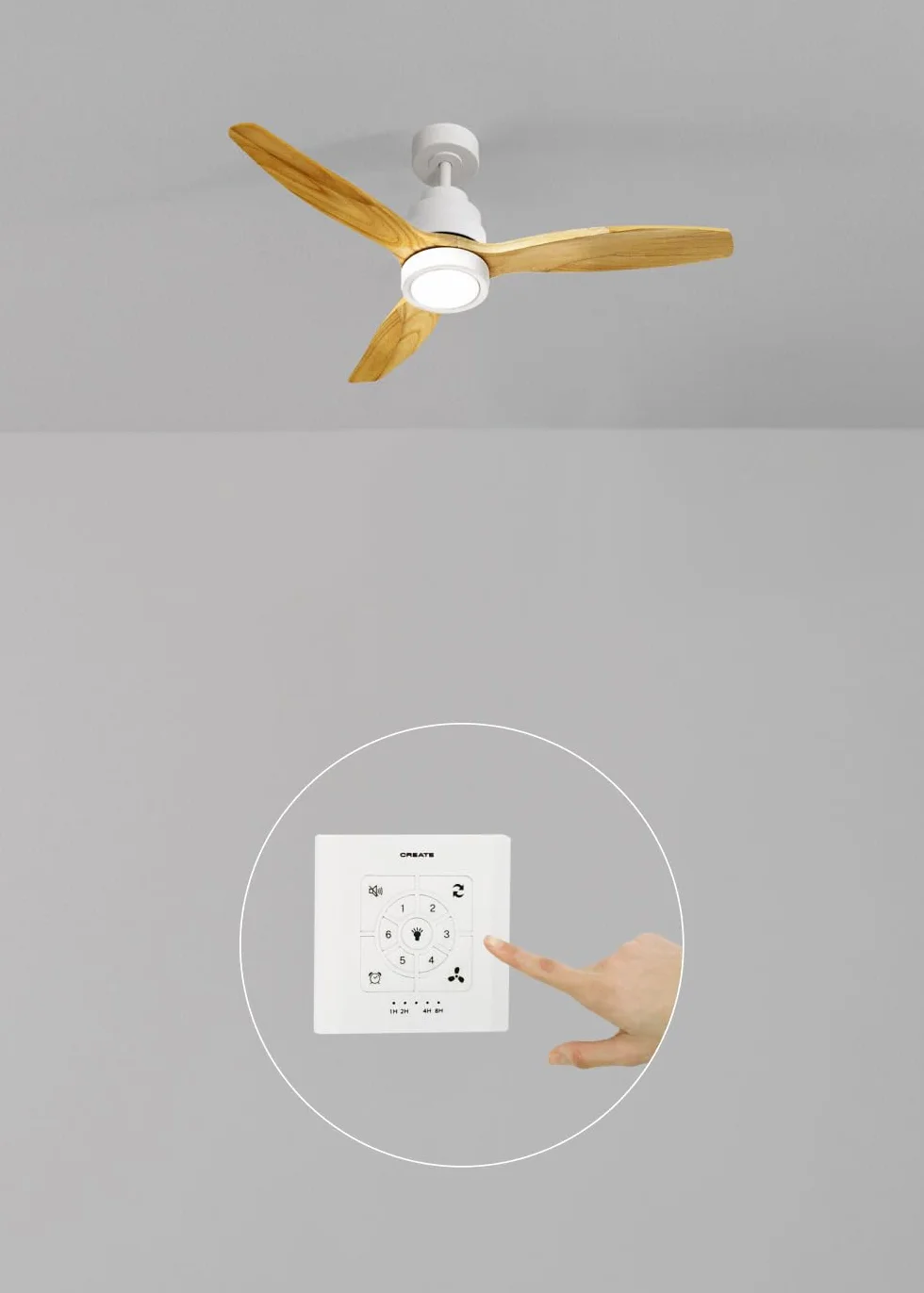 CREATE/ WINDSTYLANCE NATURAL WOOD S/Ventilador de techo con luz blanco aspas madera clara con controlador pared y mando / 40W, Temporizador, Ø112 cm, función verano-invierno, doble altura
