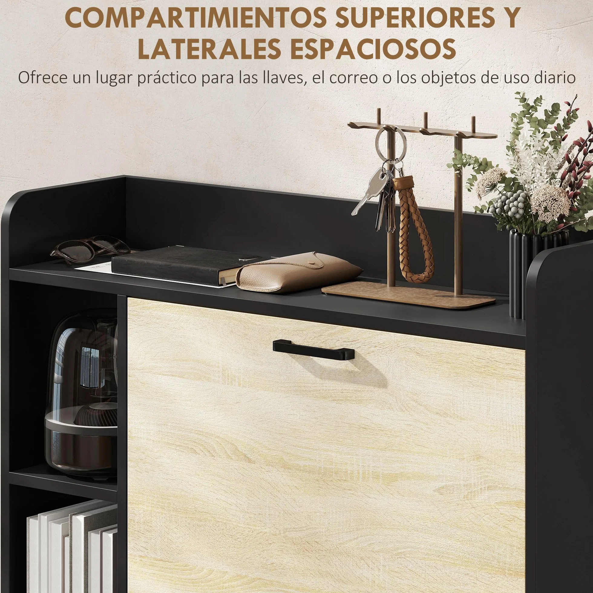 HOMCOM Zapatero Estrecho 2 Puertas, Zapatero Entrada Recibidor con 3 Estantes Laterales y Estantes Ajustables, para 15 Pares de Zapatos, para Pasillo, Espacio Reducido, 83x24x90,5 cm, Natural y Negro