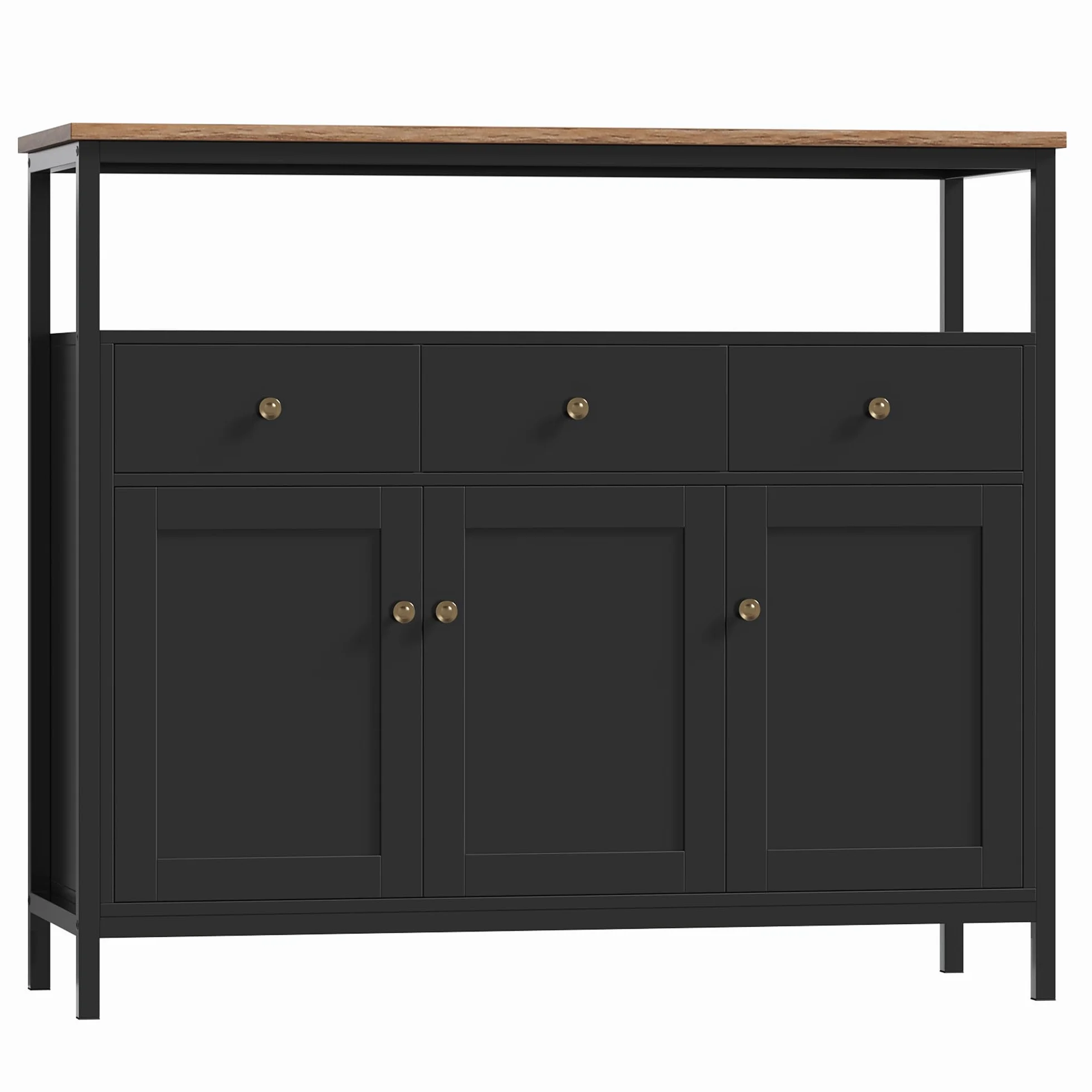 FirFurd Mueble Aparador, Aparador Cocina, Aparador Comedor, Mueble Almacenaje Auxiliar, para Salón, Baño, con 3 cajones y 3 Puertas, Estante Ajustable, 108x38x98,5cm (Negro)