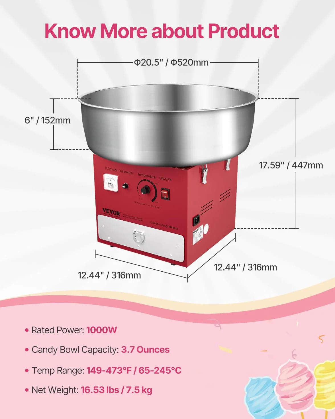 VEVOR Máquina Eléctrica para Hacer Algodón de Azúcar, 1000 W, con Recipiente Acero Inoxidable de 52 cm, Cuchara para Azúcar y Cajón, para Cumpleaños y Fiestas Familiares, Rojo, 520 x 520 x 447 mm