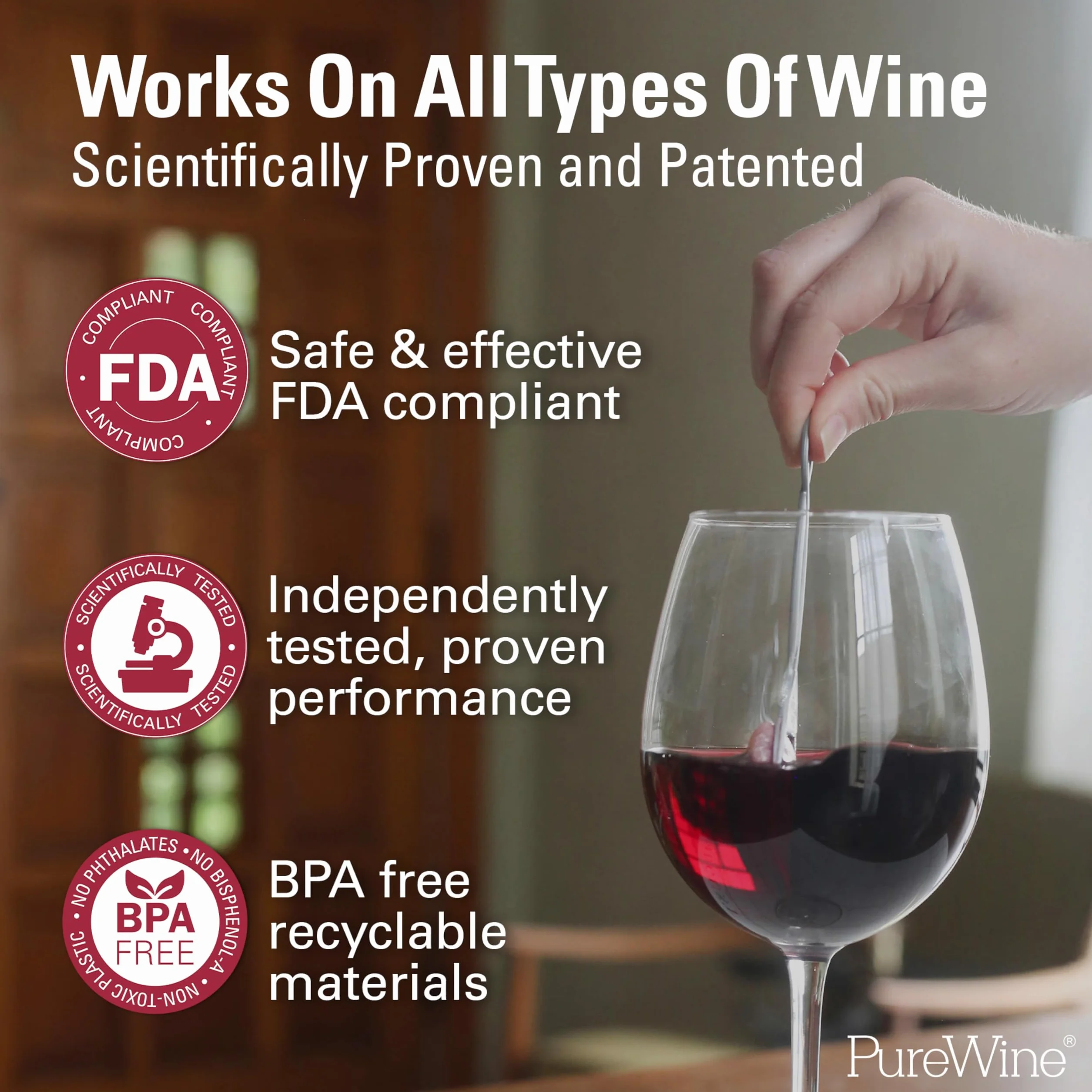 PureWine Red Wand - Filtro de histamina y sulfito, purificador, reduce las alergias al vino, varilla agitadora airea el vino, paquete de 8