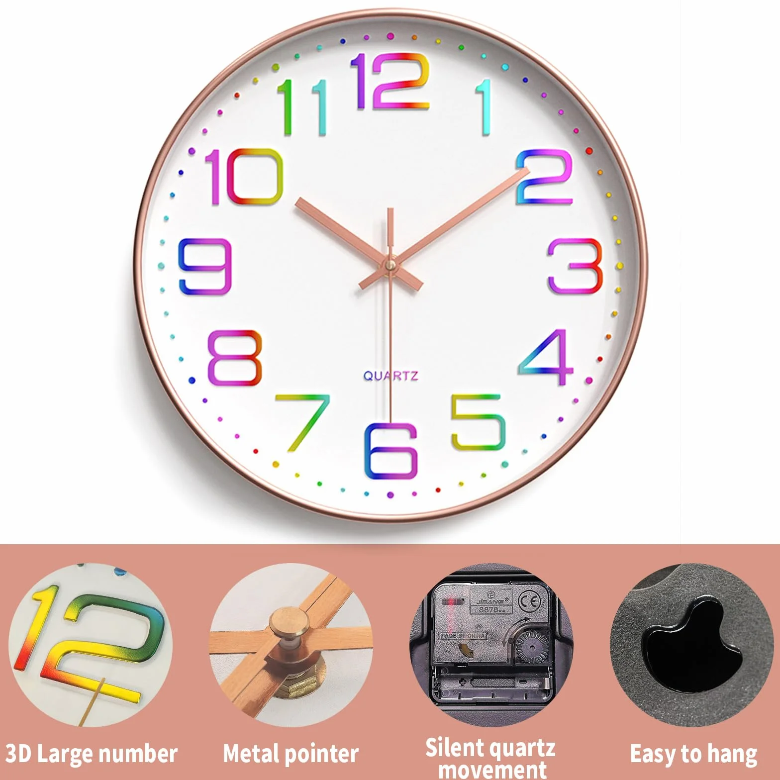 Reloj de Pared 30cm, Movimiento de Cuarzo Silencioso, Decorativo Redondo