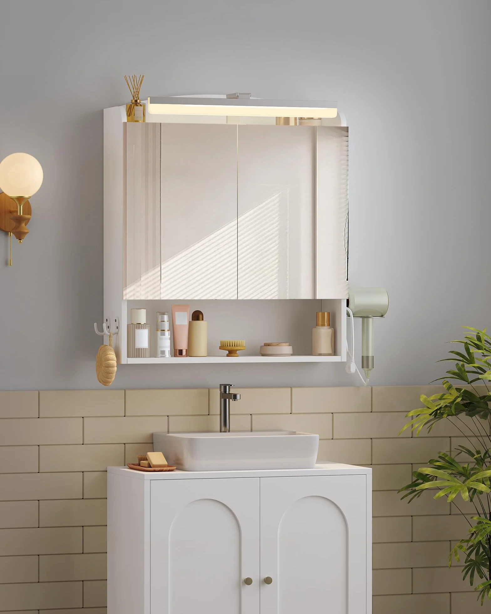 Armario de Baño con Espejo y Luz LED 16,5 x 60 x 68,5 cm Blanco