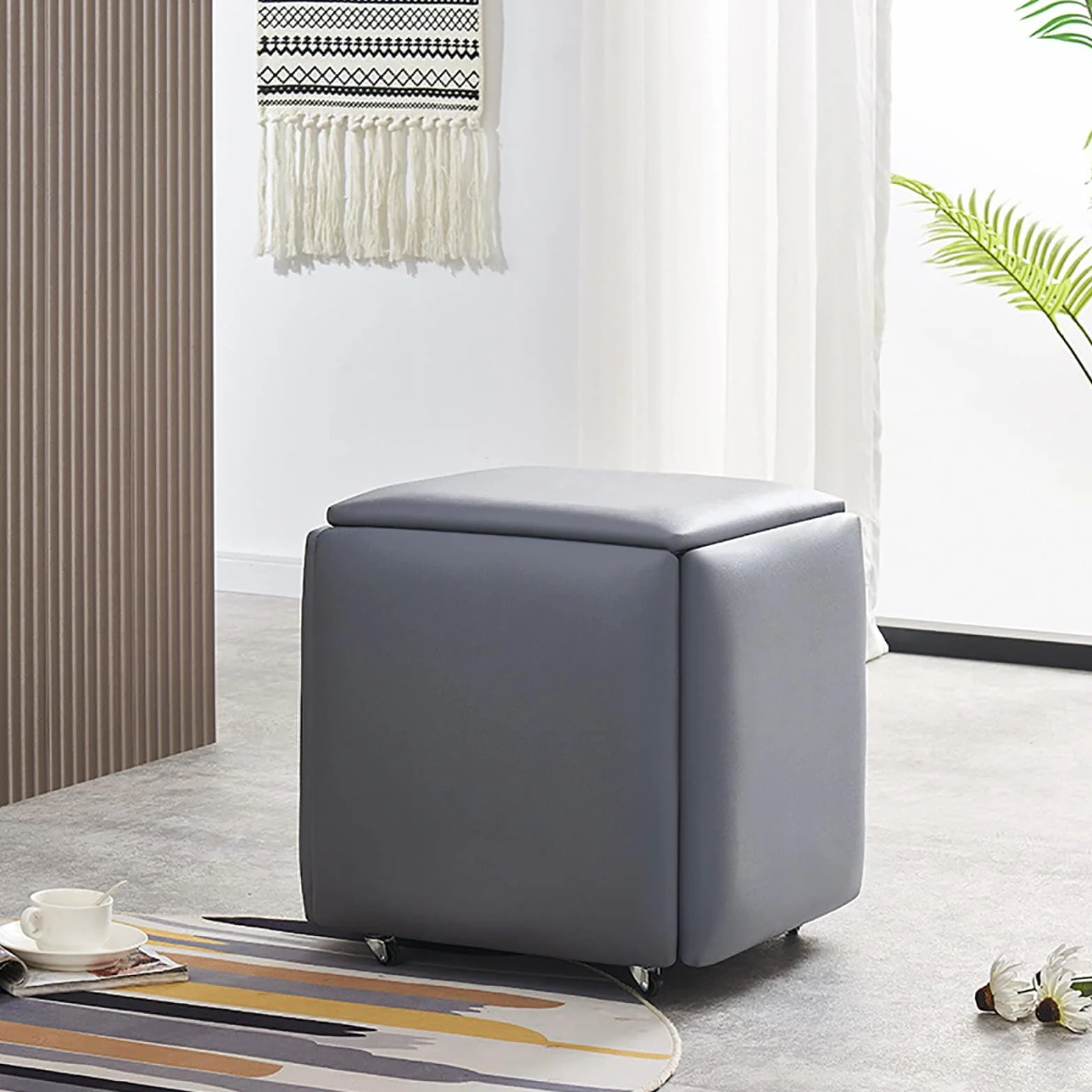 Silla De Cubo Anidada 5 En 1, Taburetes Apilables Cuadrados PU Sintético con Ruedas, Gris 45CM