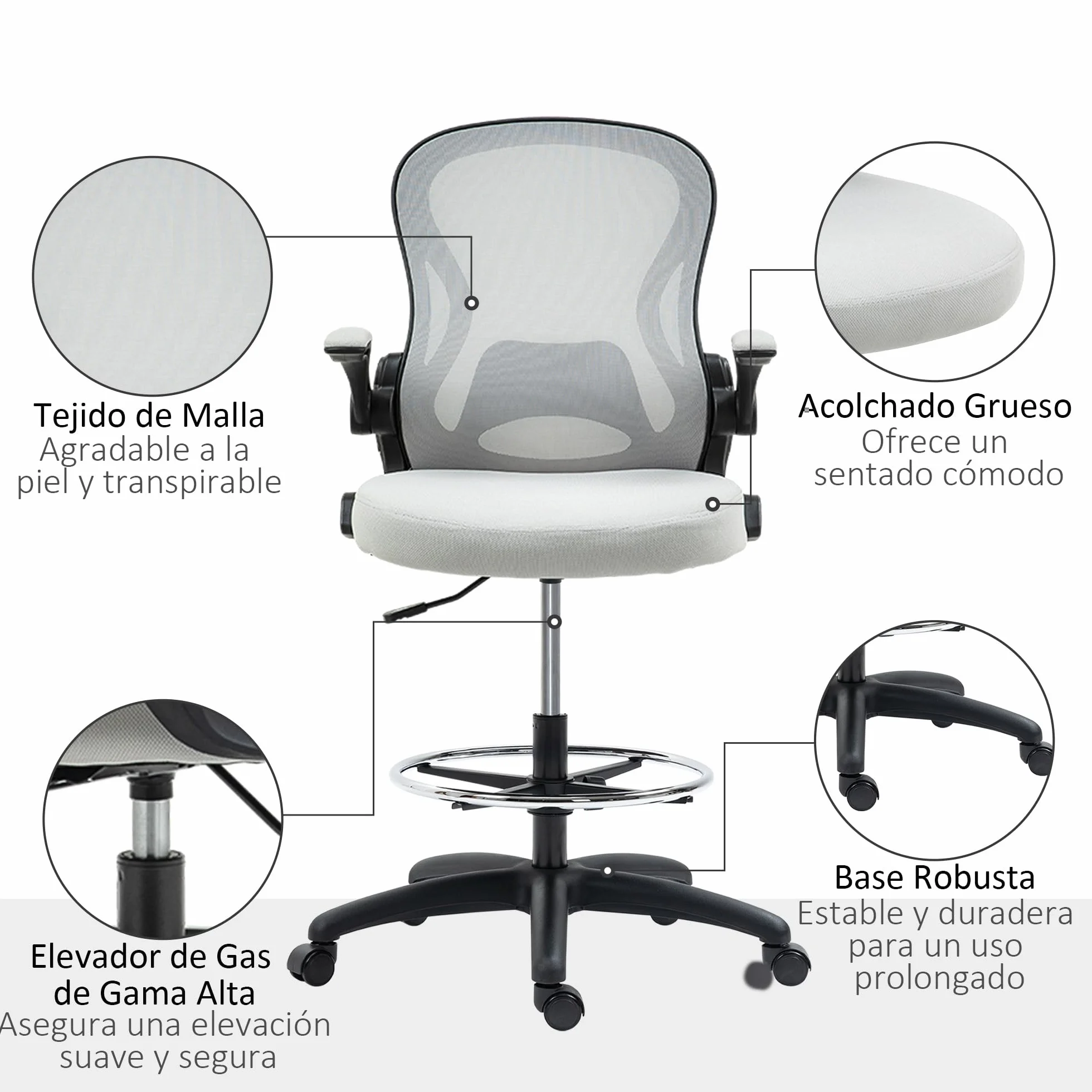 Vinsetto Silla de Dibujo Giratoria Silla de Escritorio Alta con Respaldo Medio Soporte Lumbar Reposabrazos Abatibles Altura Ajustable Carga 120 kg 59x65x102-122 cm Gris Claro