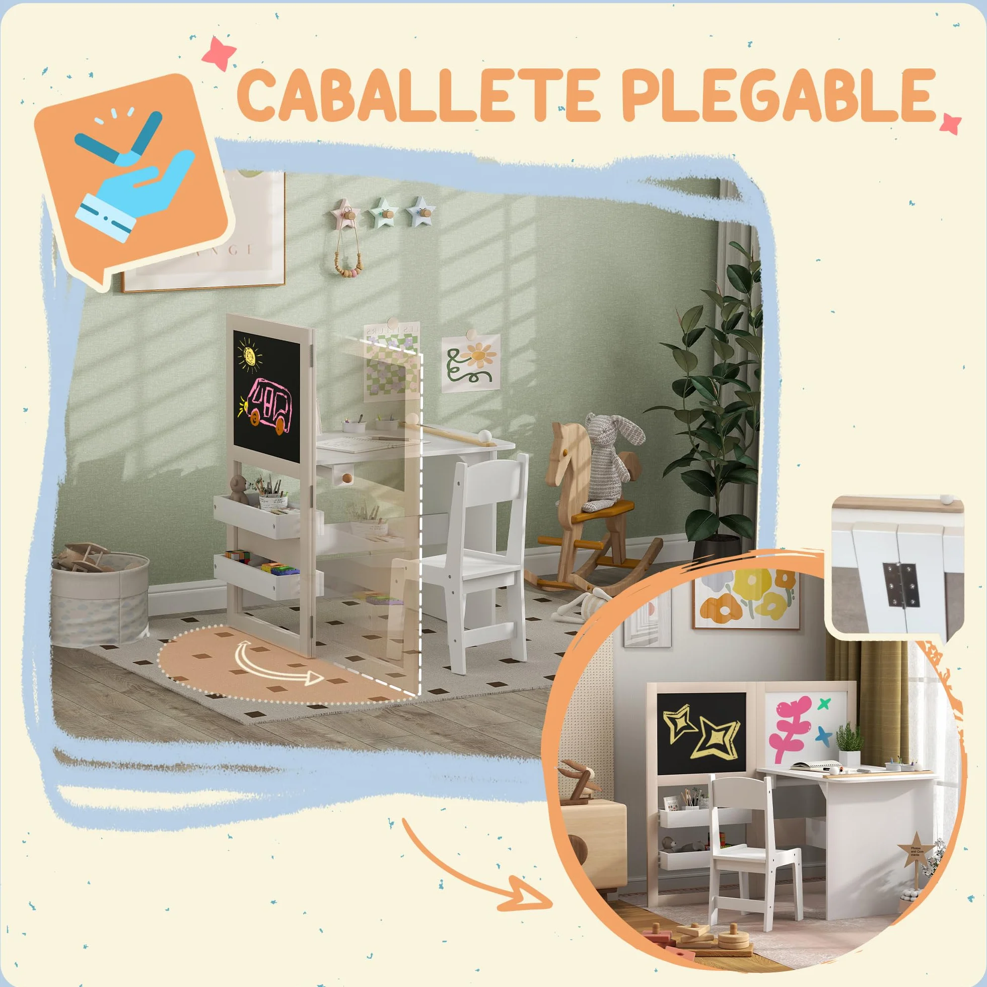 AIYAPLAY Mesa y Silla Infantil de 2 Piezas Plegable para Niños +3 Años con Estantes y Rollo de Papel Blanco