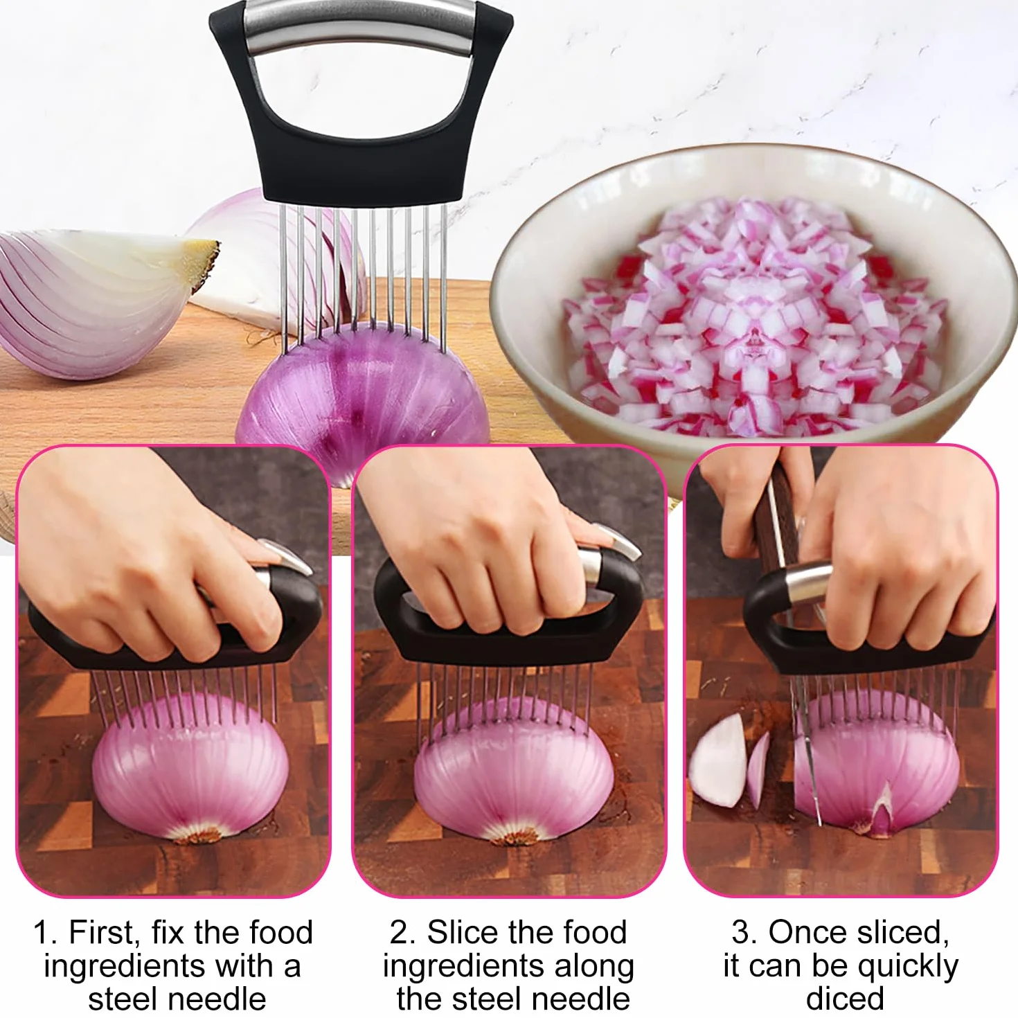 Soporte de Ceboll, Rebanador de Cebolla, Agujas de Cebolla, Adecuado para Cortar Carne, Verduras, Frutas, etc, con 10 Dientes