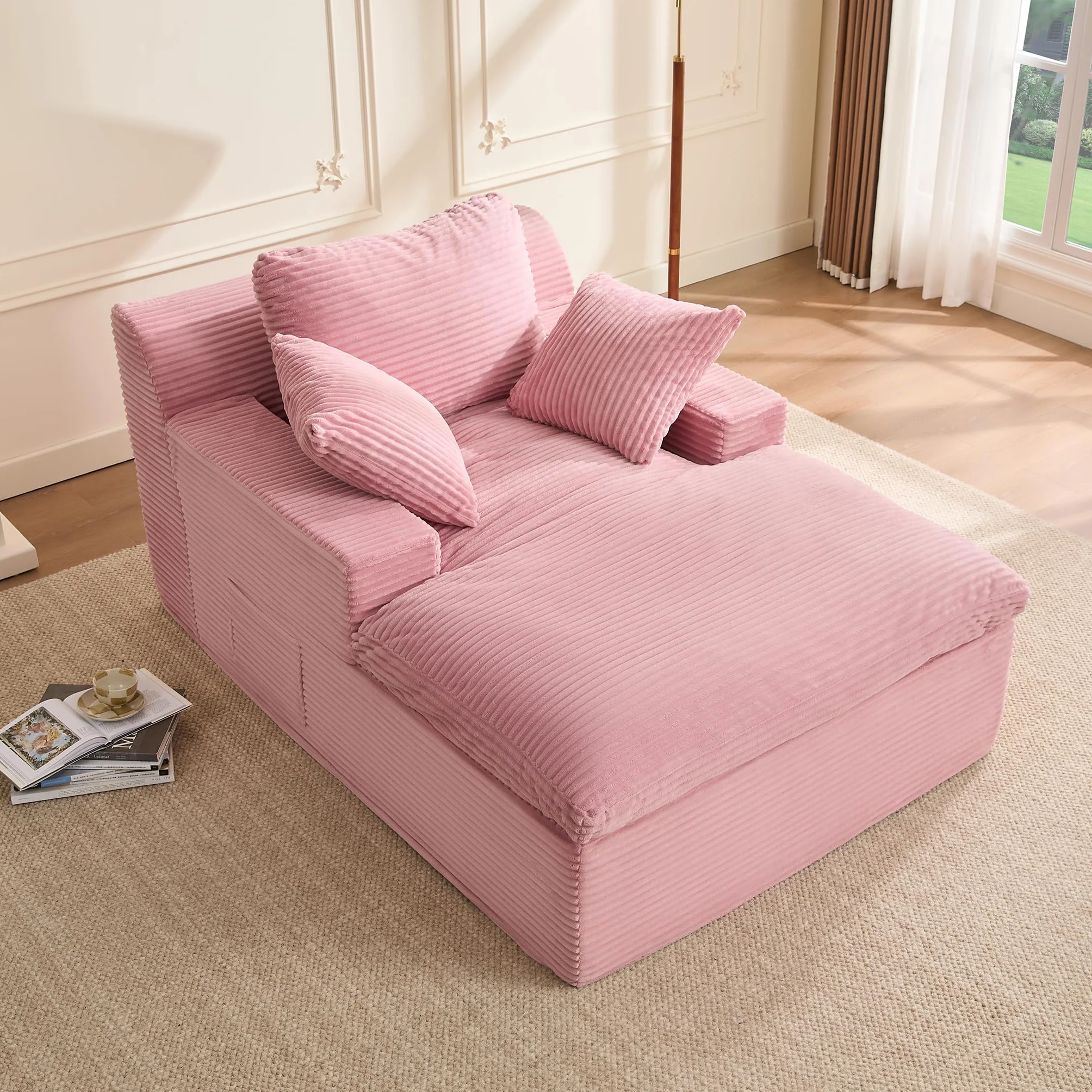 Sofá Chaise Longue 160 cm, Sofá de Suelo Modular sin Estructura con Función de Dormir, Sofá Tipo Nube Compacto para Salón o Apartamento, Sin Montaje (Rosa) | Diseño boneless, sin montaje, asiento lounge, comodidad envolvente, ahorra espacio, espuma de alt