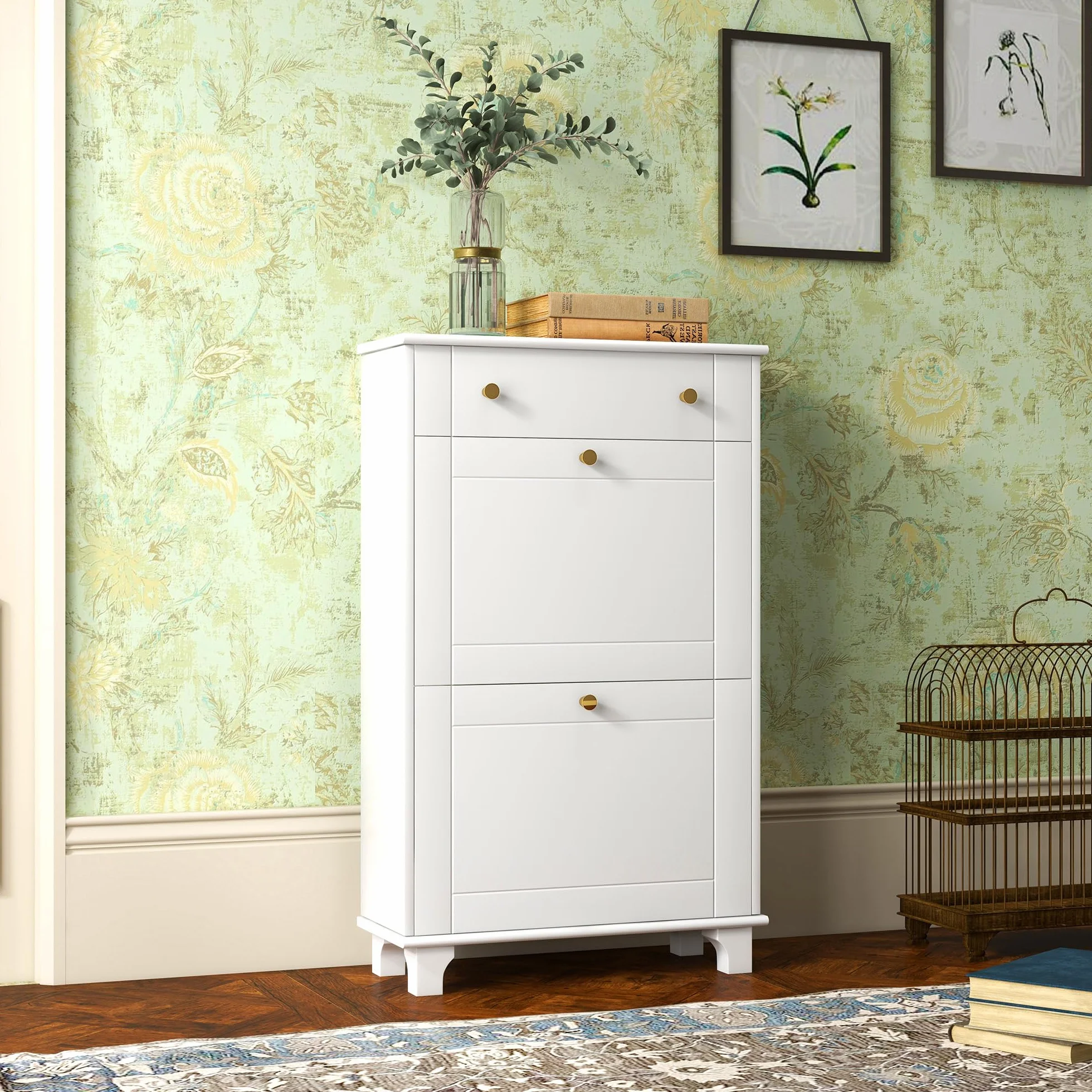 HOMCOM Mueble Zapatero Estrecho Zapatero Entrada Recibidor con 2 Cajones Abatibles y 1 Cajón Extraíble para 8 Pares de Zapatos para Pasillo 60x23,5x98,5 cm Blanco