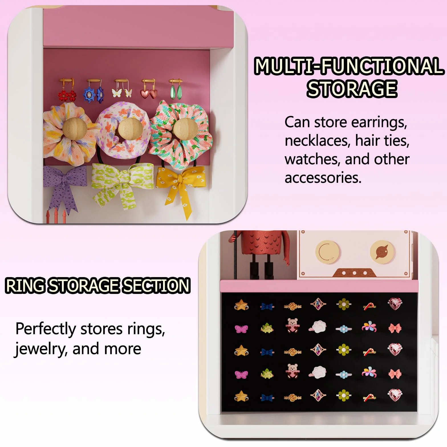 MSFE 2 en 1 Tocador Niña con Espejo y Luces,Mesa de Maquillaje con Taburete y Armario de Almacenamiento,Tocador de Princesa con Estantes y Soporte para Joyas,Tocador de Maquillaje para Niñas
