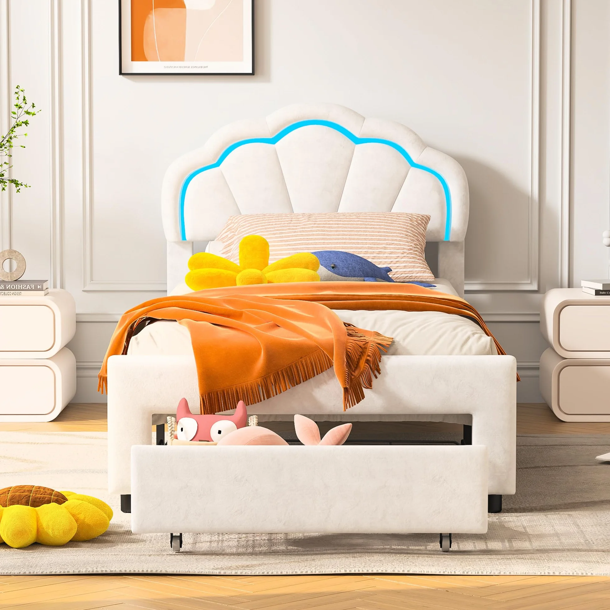 DADEA Cama de Niña Princesa LED con Cajones, Camas Individuales 90x200 Infantiles, Cama Infantil Niña90x200 con Cabecero Cama Niña Adolescente con SomierCamas Infantiles Moderna, Sin colchón