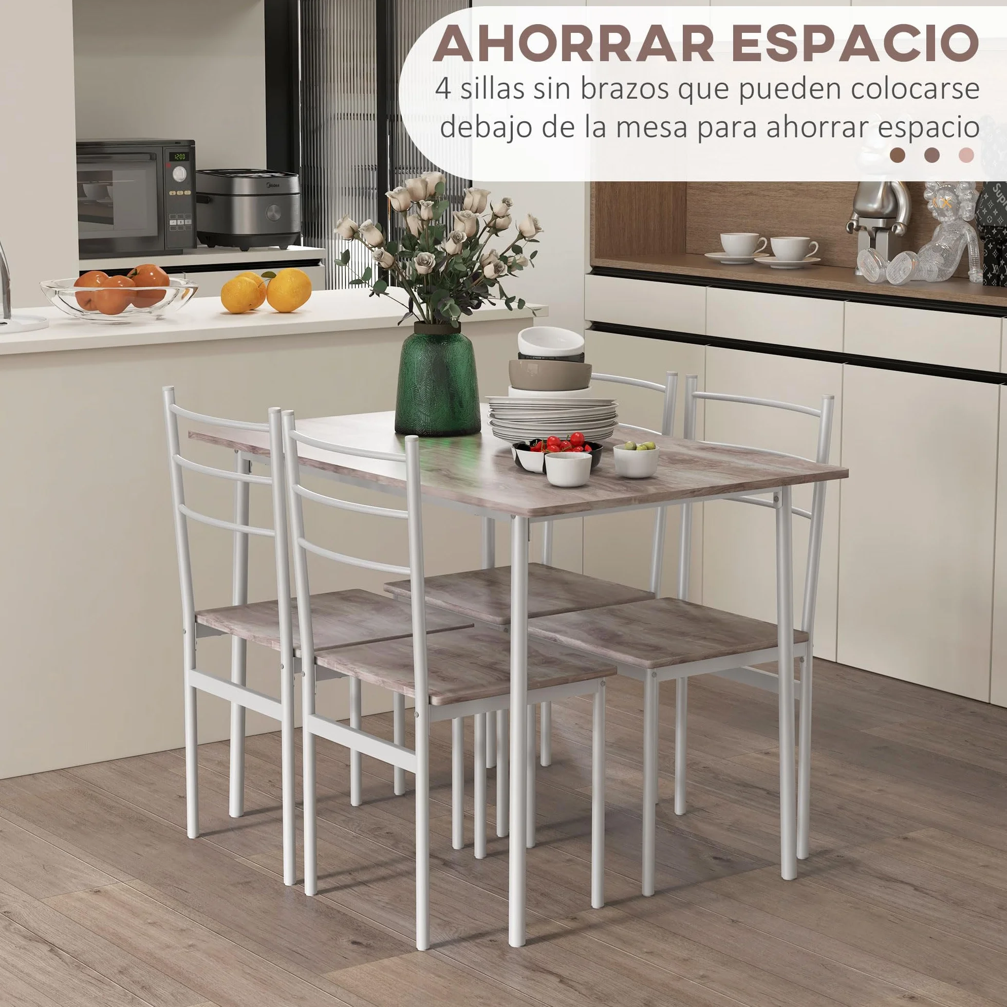 HOMCOM Conjunto de Comedor 5 Piezas Juego de 1 Mesa y 4 Sillas con Pies Acero para Cocina Restaurante 110x70x75 cm Madera Natural y Blanco
