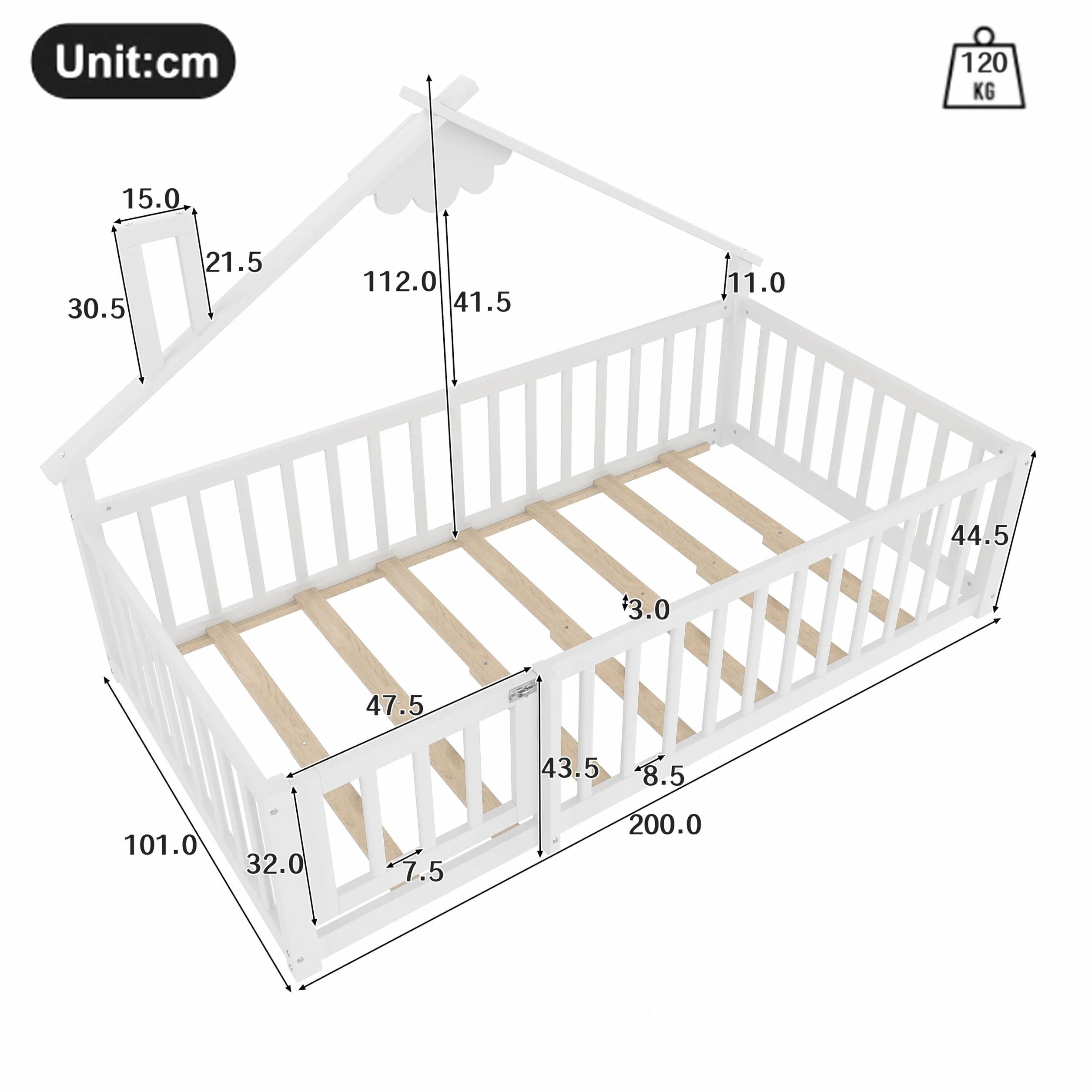 Cama de suelo de 90 x 190 cm con protección anticaída y puerta con cerradura, estructura de cama infantil, cama de madera de pino con somier, cama de madera, sin colchón