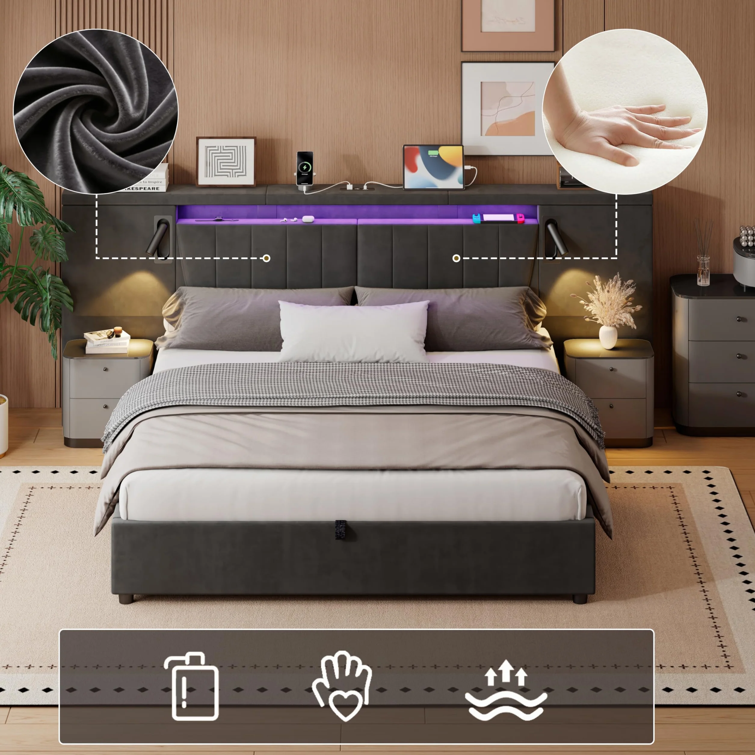 Cama 180x200 con LED y USB, Camas Matrimoniales con Almacenaje, Cama Matrimonio con lámpara de Lectura, Cama Canape con Cabecero, Estructura Cama Doble con Somier, Sin Colchón,Terciopelo (Gris)